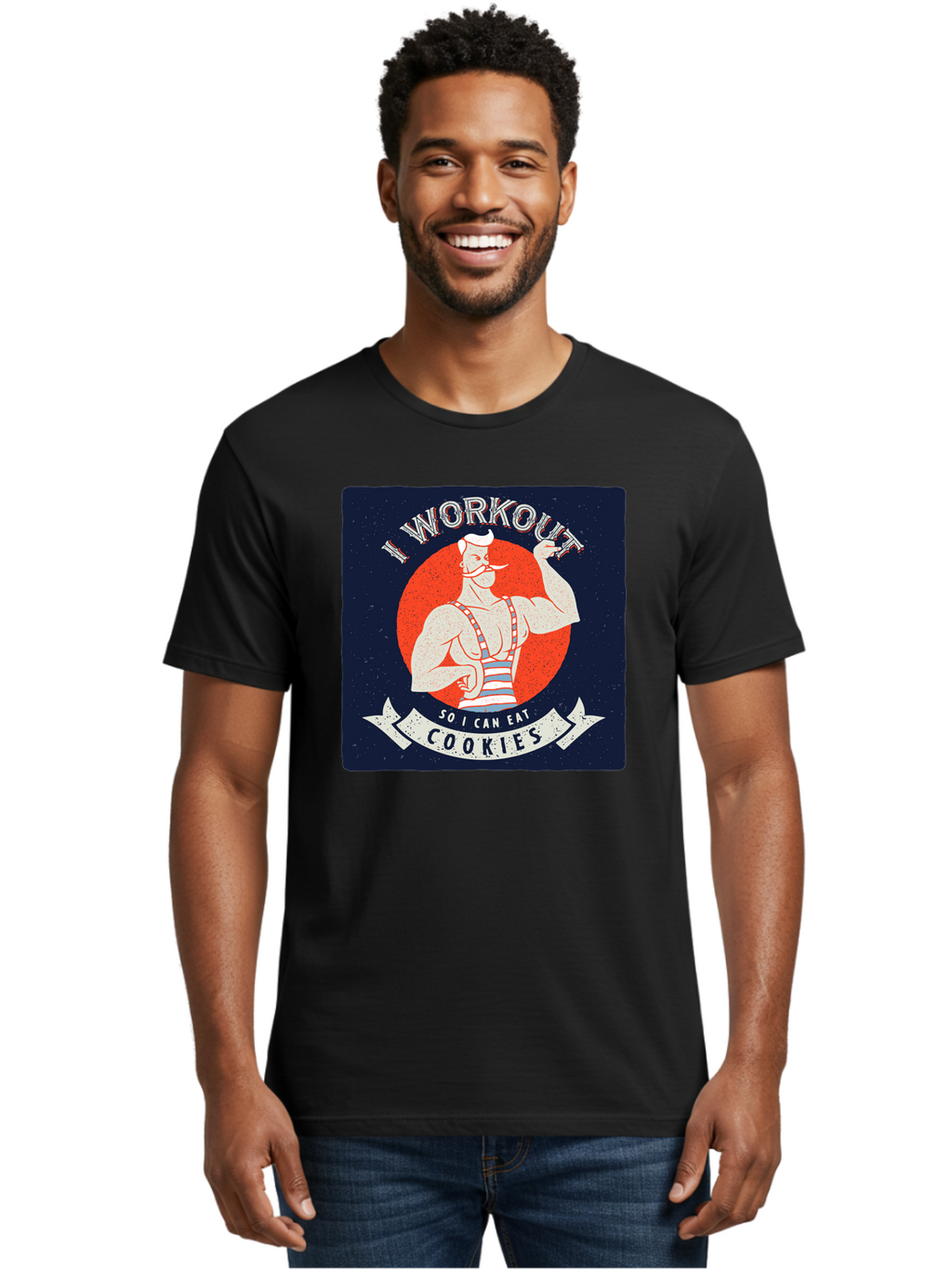 Cookie-Lover-Workout Men'S Graphic Tee, 100% Cotton, Comfortable Casual Summer Wear, Machine Washable, Funny Fitness Quote, Workout Humor, Cookie Lover, Vintage Style Illustration, Muscular Man, Handlebar Mustache, Retro Graphic Design, Aac434