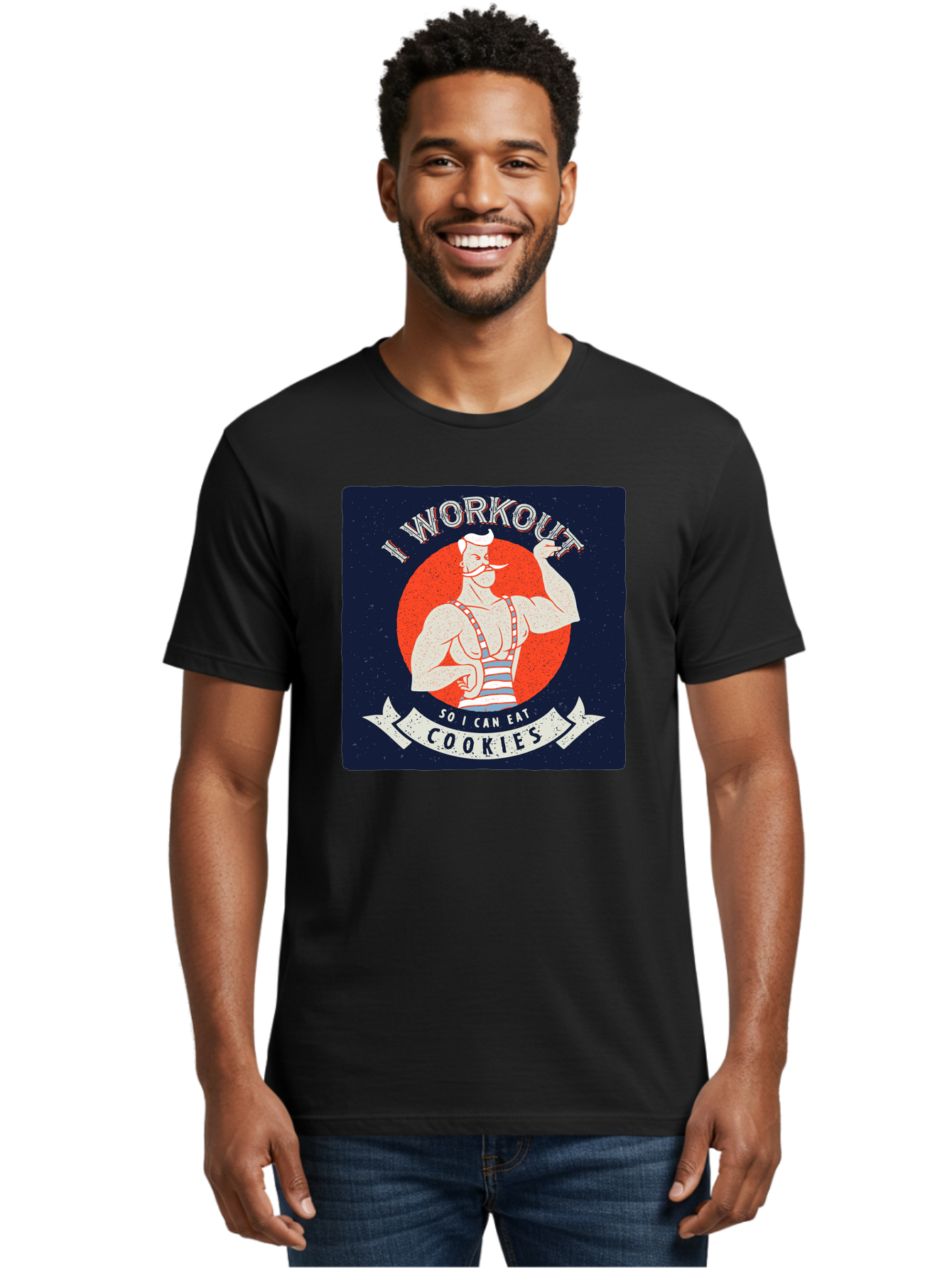 Cookie-Lover-Workout Men'S Graphic Tee, 100% Cotton, Comfortable Casual Summer Wear, Machine Washable, Funny Fitness Quote, Workout Humor, Cookie Lover, Vintage Style Illustration, Muscular Man, Handlebar Mustache, Retro Graphic Design, Aac434
