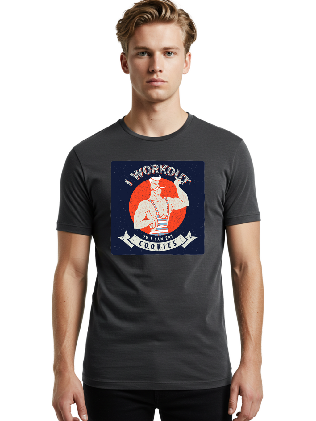 Cookie-Lover-Workout Men'S Graphic Tee, 100% Cotton, Comfortable Casual Summer Wear, Machine Washable, Funny Fitness Quote, Workout Humor, Cookie Lover, Vintage Style Illustration, Muscular Man, Handlebar Mustache, Retro Graphic Design, Aac434