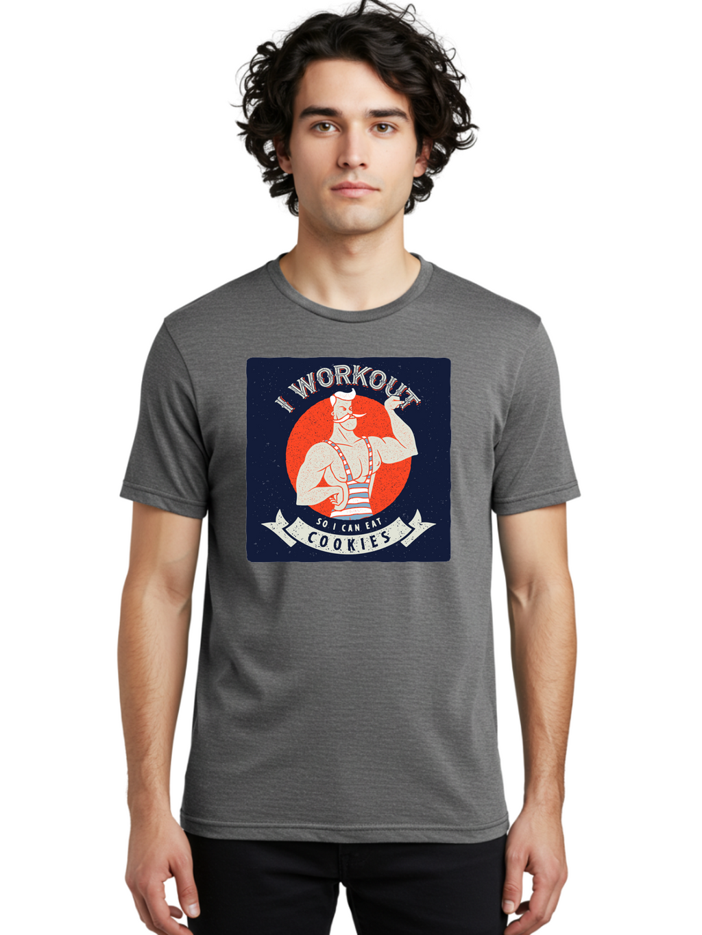 Cookie-Lover-Workout Men'S Graphic Tee, 100% Cotton, Comfortable Casual Summer Wear, Machine Washable, Funny Fitness Quote, Workout Humor, Cookie Lover, Vintage Style Illustration, Muscular Man, Handlebar Mustache, Retro Graphic Design, Aac434