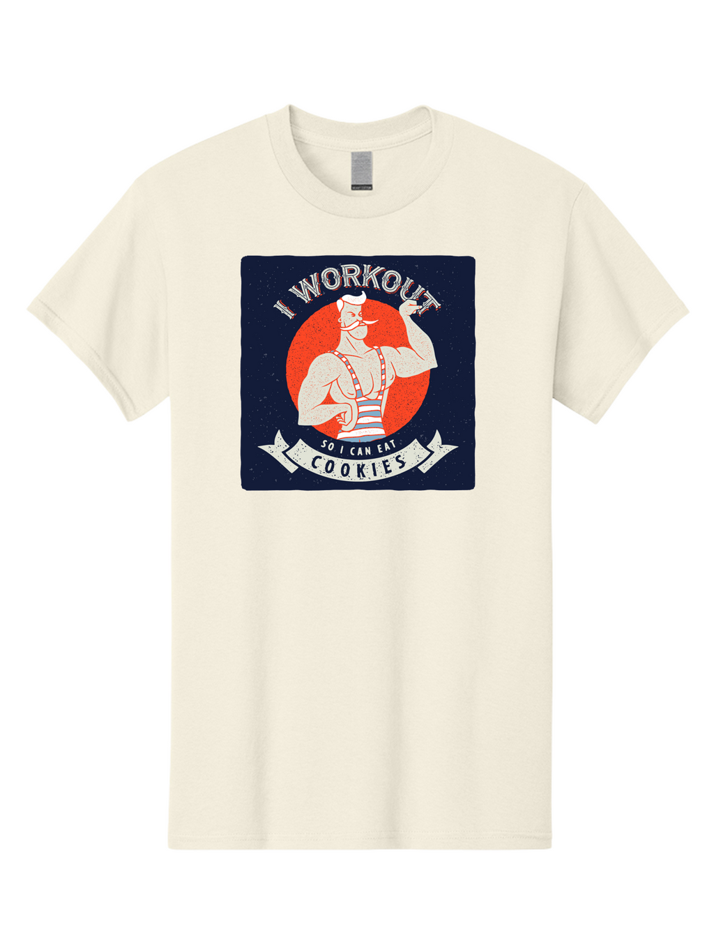 Cookie-Lover-Workout Men'S Graphic Tee, 100% Cotton, Comfortable Casual Summer Wear, Machine Washable, Funny Fitness Quote, Workout Humor, Cookie Lover, Vintage Style Illustration, Muscular Man, Handlebar Mustache, Retro Graphic Design, Aac434