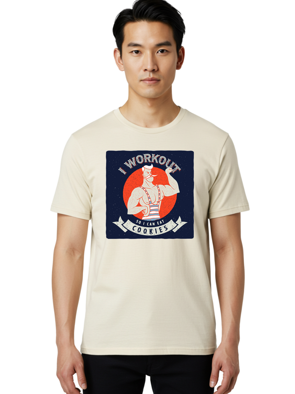 Cookie-Lover-Workout Men'S Graphic Tee, 100% Cotton, Comfortable Casual Summer Wear, Machine Washable, Funny Fitness Quote, Workout Humor, Cookie Lover, Vintage Style Illustration, Muscular Man, Handlebar Mustache, Retro Graphic Design, Aac434