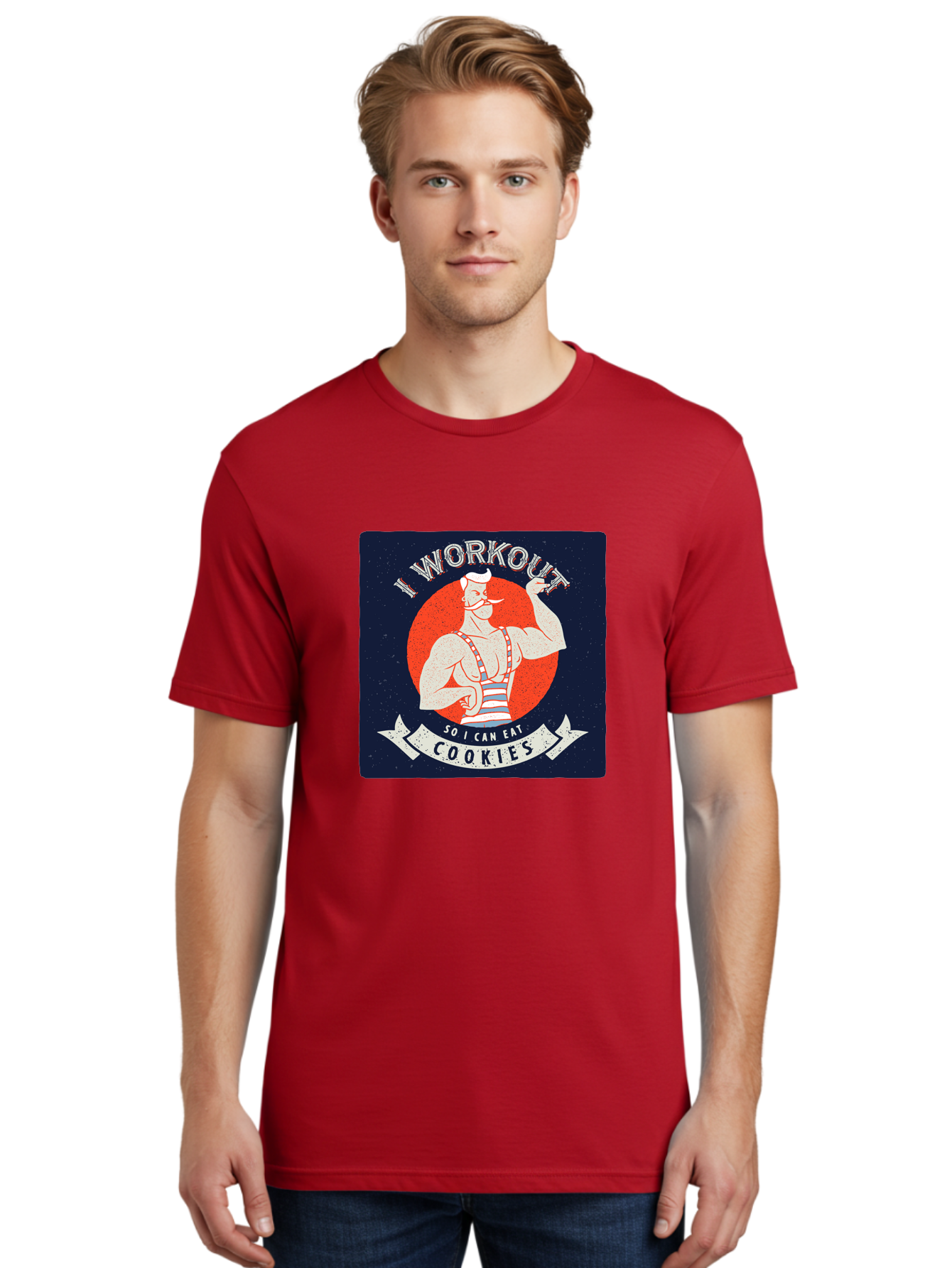 Cookie-Lover-Workout Men'S Graphic Tee, 100% Cotton, Comfortable Casual Summer Wear, Machine Washable, Funny Fitness Quote, Workout Humor, Cookie Lover, Vintage Style Illustration, Muscular Man, Handlebar Mustache, Retro Graphic Design, Aac434