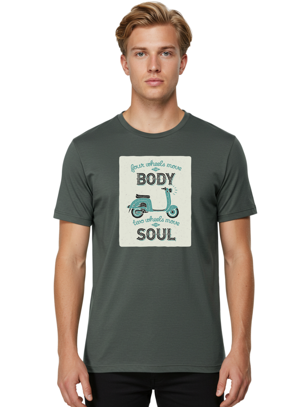 Four-Wheels-Move-The-Body-Two-Wheels-Move-The-Soul-1 Men'S Graphic Tee, 100% Cotton, Comfortable Casual Summer Wear, Machine Washable, Vintage Scooter, Retro Design, Quote About Soul, Bike Enthusiast, Motor Scooter, Scooter Lover, Aac435