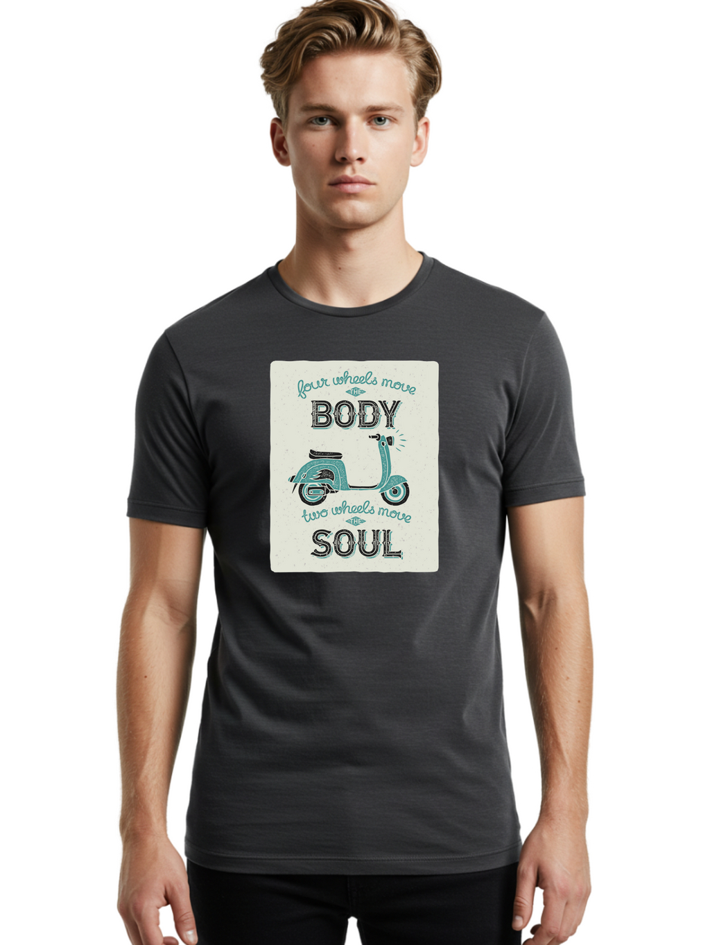 Four-Wheels-Move-The-Body-Two-Wheels-Move-The-Soul-1 Men'S Graphic Tee, 100% Cotton, Comfortable Casual Summer Wear, Machine Washable, Vintage Scooter, Retro Design, Quote About Soul, Bike Enthusiast, Motor Scooter, Scooter Lover, Aac435