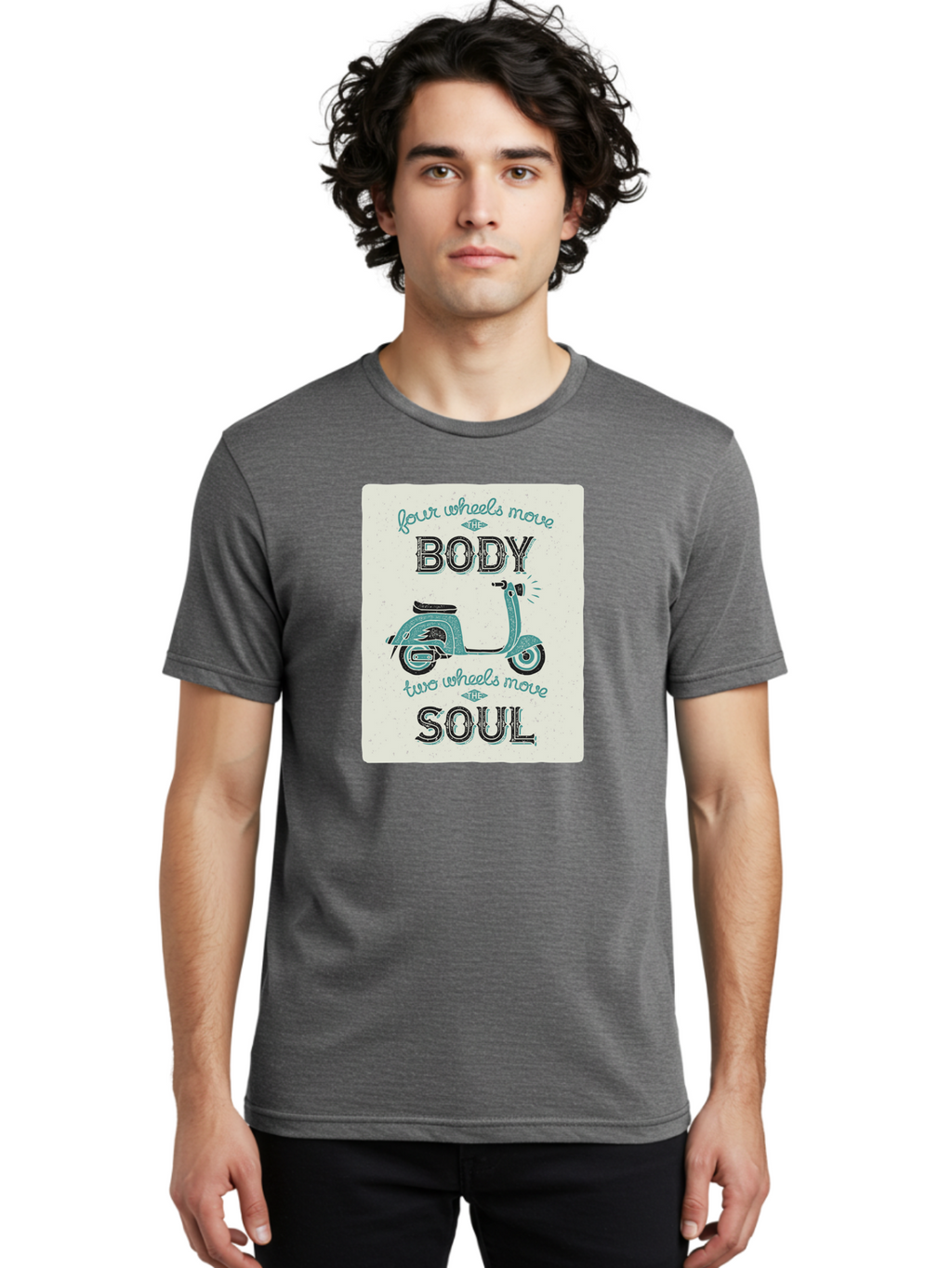 Four-Wheels-Move-The-Body-Two-Wheels-Move-The-Soul-1 Men'S Graphic Tee, 100% Cotton, Comfortable Casual Summer Wear, Machine Washable, Vintage Scooter, Retro Design, Quote About Soul, Bike Enthusiast, Motor Scooter, Scooter Lover, Aac435