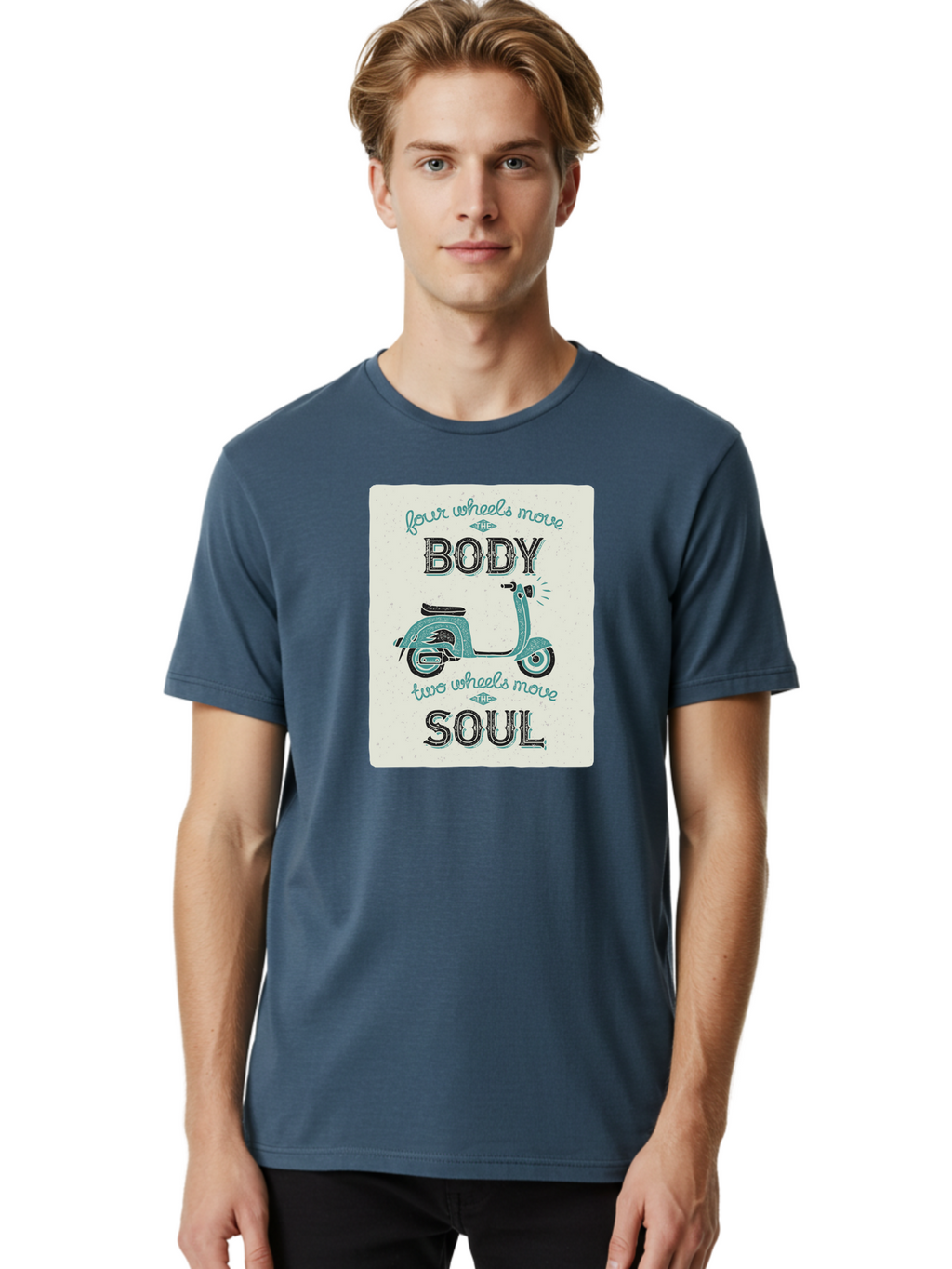 Four-Wheels-Move-The-Body-Two-Wheels-Move-The-Soul-1 Men'S Graphic Tee, 100% Cotton, Comfortable Casual Summer Wear, Machine Washable, Vintage Scooter, Retro Design, Quote About Soul, Bike Enthusiast, Motor Scooter, Scooter Lover, Aac435