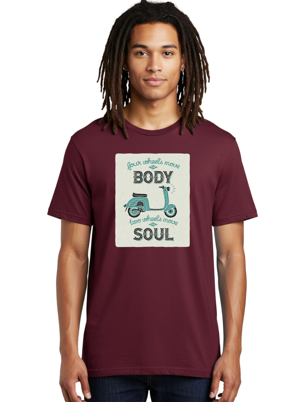 Four-Wheels-Move-The-Body-Two-Wheels-Move-The-Soul-1 Men'S Graphic Tee, 100% Cotton, Comfortable Casual Summer Wear, Machine Washable, Vintage Scooter, Retro Design, Quote About Soul, Bike Enthusiast, Motor Scooter, Scooter Lover, Aac435