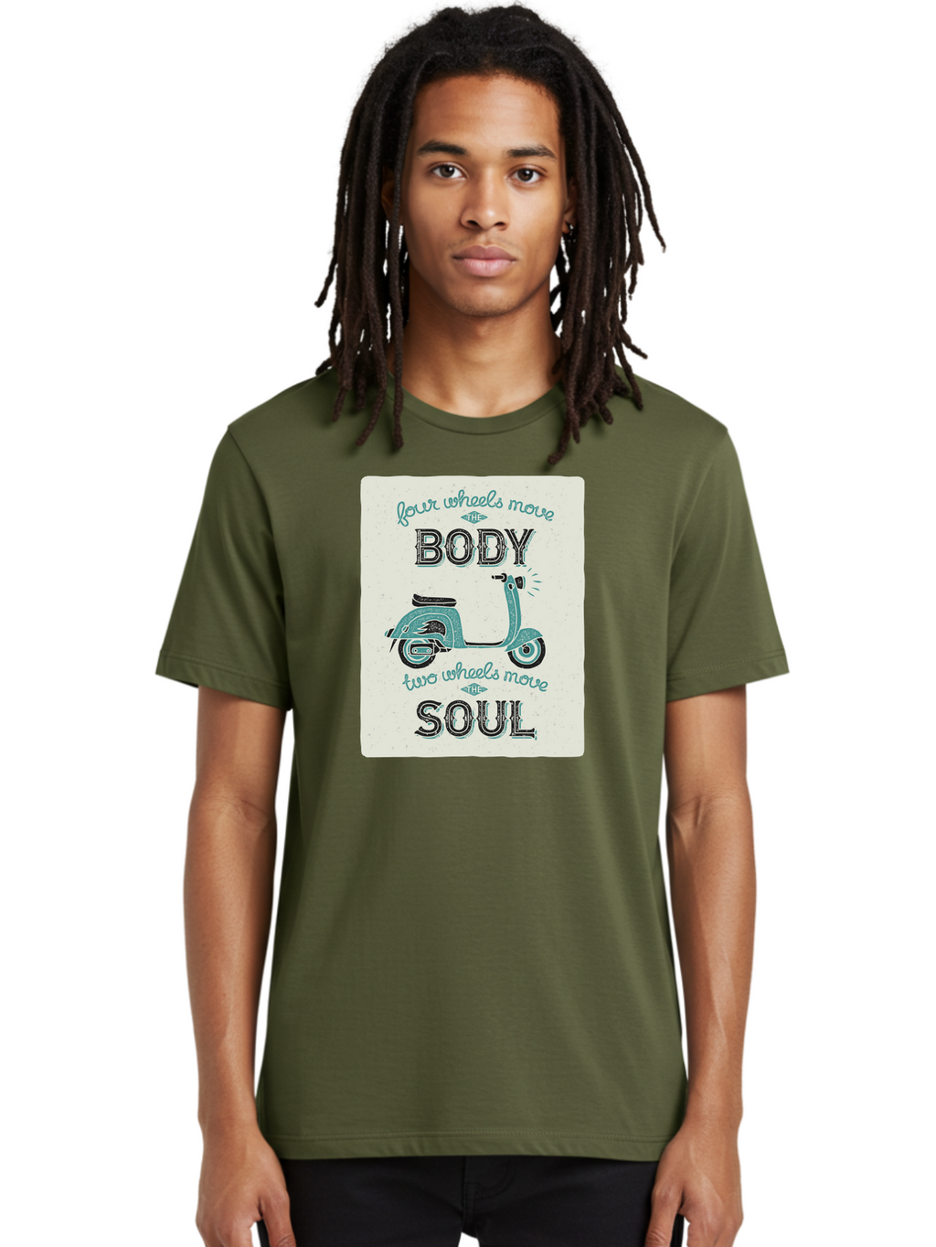Four-Wheels-Move-The-Body-Two-Wheels-Move-The-Soul-1 Men'S Graphic Tee, 100% Cotton, Comfortable Casual Summer Wear, Machine Washable, Vintage Scooter, Retro Design, Quote About Soul, Bike Enthusiast, Motor Scooter, Scooter Lover, Aac435