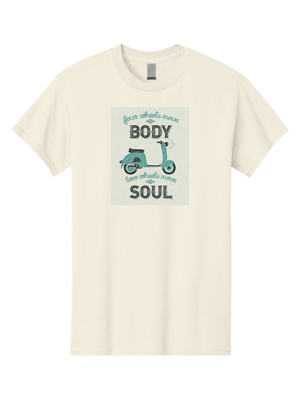 Four-Wheels-Move-The-Body-Two-Wheels-Move-The-Soul-1 Men'S Graphic Tee, 100% Cotton, Comfortable Casual Summer Wear, Machine Washable, Vintage Scooter, Retro Design, Quote About Soul, Bike Enthusiast, Motor Scooter, Scooter Lover, Aac435