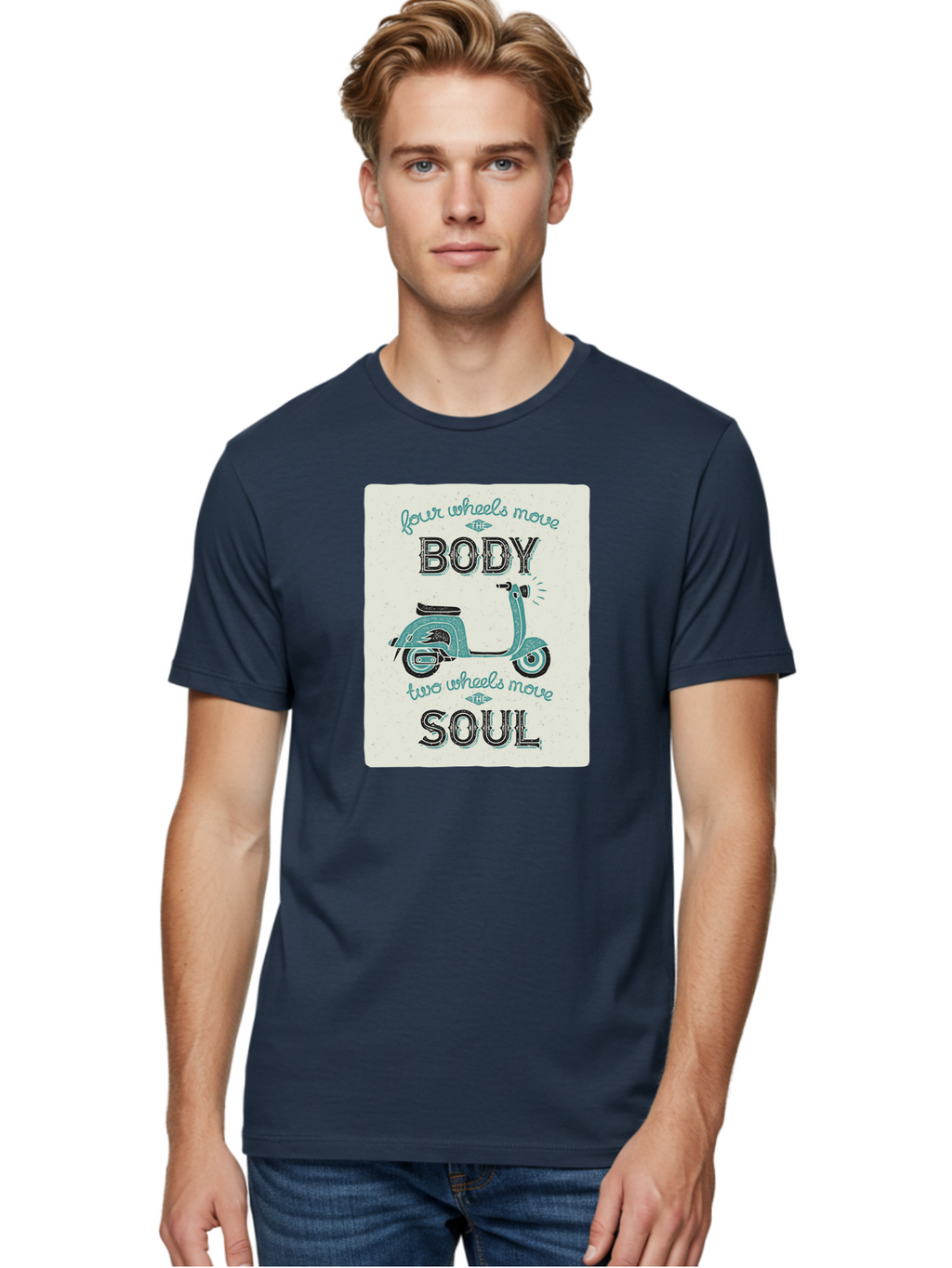 Four-Wheels-Move-The-Body-Two-Wheels-Move-The-Soul-1 Men'S Graphic Tee, 100% Cotton, Comfortable Casual Summer Wear, Machine Washable, Vintage Scooter, Retro Design, Quote About Soul, Bike Enthusiast, Motor Scooter, Scooter Lover, Aac435