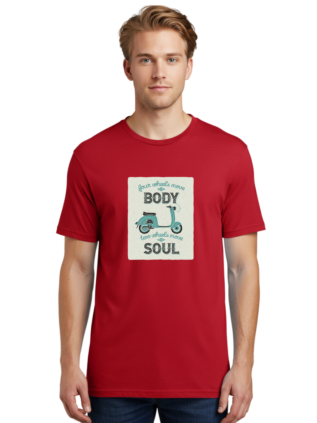 Four-Wheels-Move-The-Body-Two-Wheels-Move-The-Soul-1 Men'S Graphic Tee, 100% Cotton, Comfortable Casual Summer Wear, Machine Washable, Vintage Scooter, Retro Design, Quote About Soul, Bike Enthusiast, Motor Scooter, Scooter Lover, Aac435