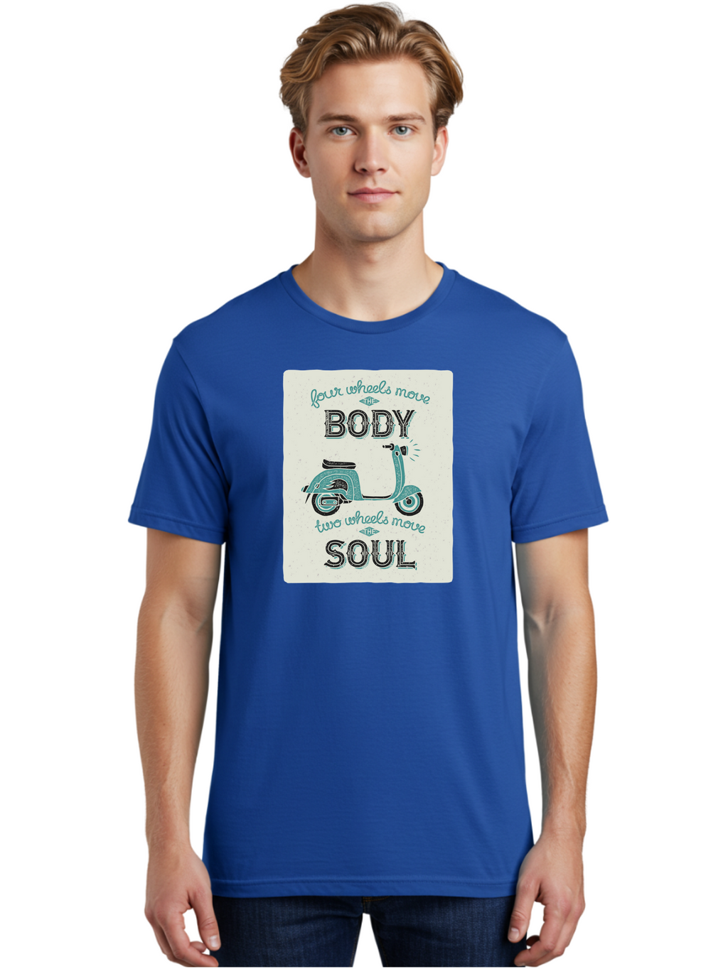 Four-Wheels-Move-The-Body-Two-Wheels-Move-The-Soul-1 Men'S Graphic Tee, 100% Cotton, Comfortable Casual Summer Wear, Machine Washable, Vintage Scooter, Retro Design, Quote About Soul, Bike Enthusiast, Motor Scooter, Scooter Lover, Aac435