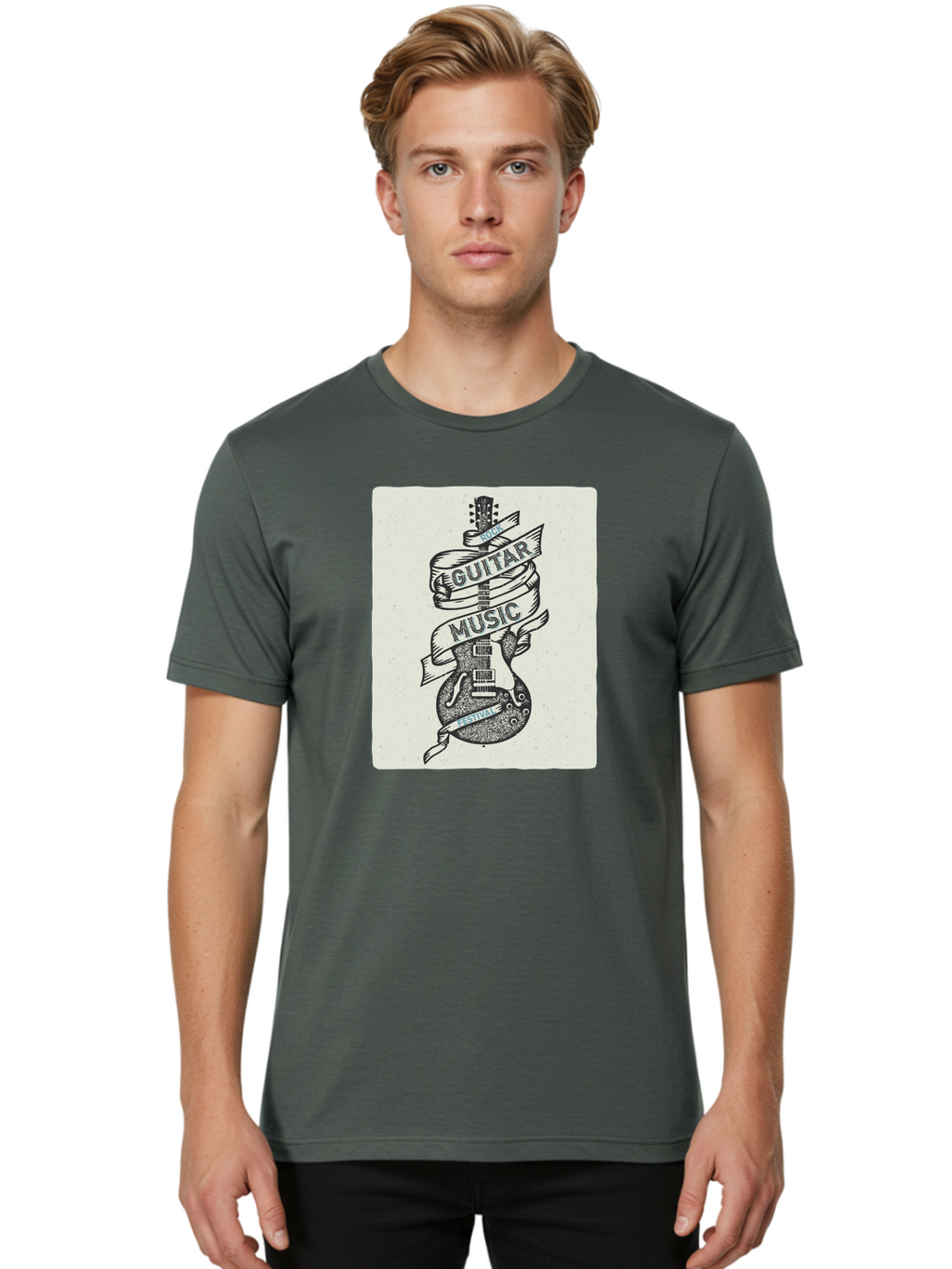 Guitar-Music-Festival Men'S Graphic Tee, 100% Cotton, Comfortable Casual Summer Wear, Machine Washable, Guitar Music Festival, Electric Guitar, Rock Music, Hand-Drawn Illustration, Festival Banner, Music Event, Guitar Art Aac437