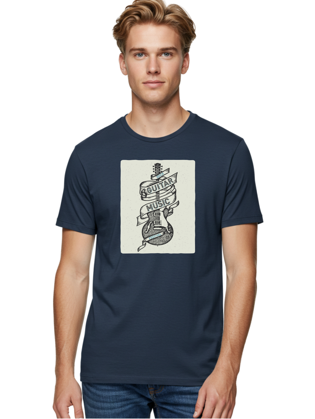 Guitar-Music-Festival Men'S Graphic Tee, 100% Cotton, Comfortable Casual Summer Wear, Machine Washable, Guitar Music Festival, Electric Guitar, Rock Music, Hand-Drawn Illustration, Festival Banner, Music Event, Guitar Art Aac437