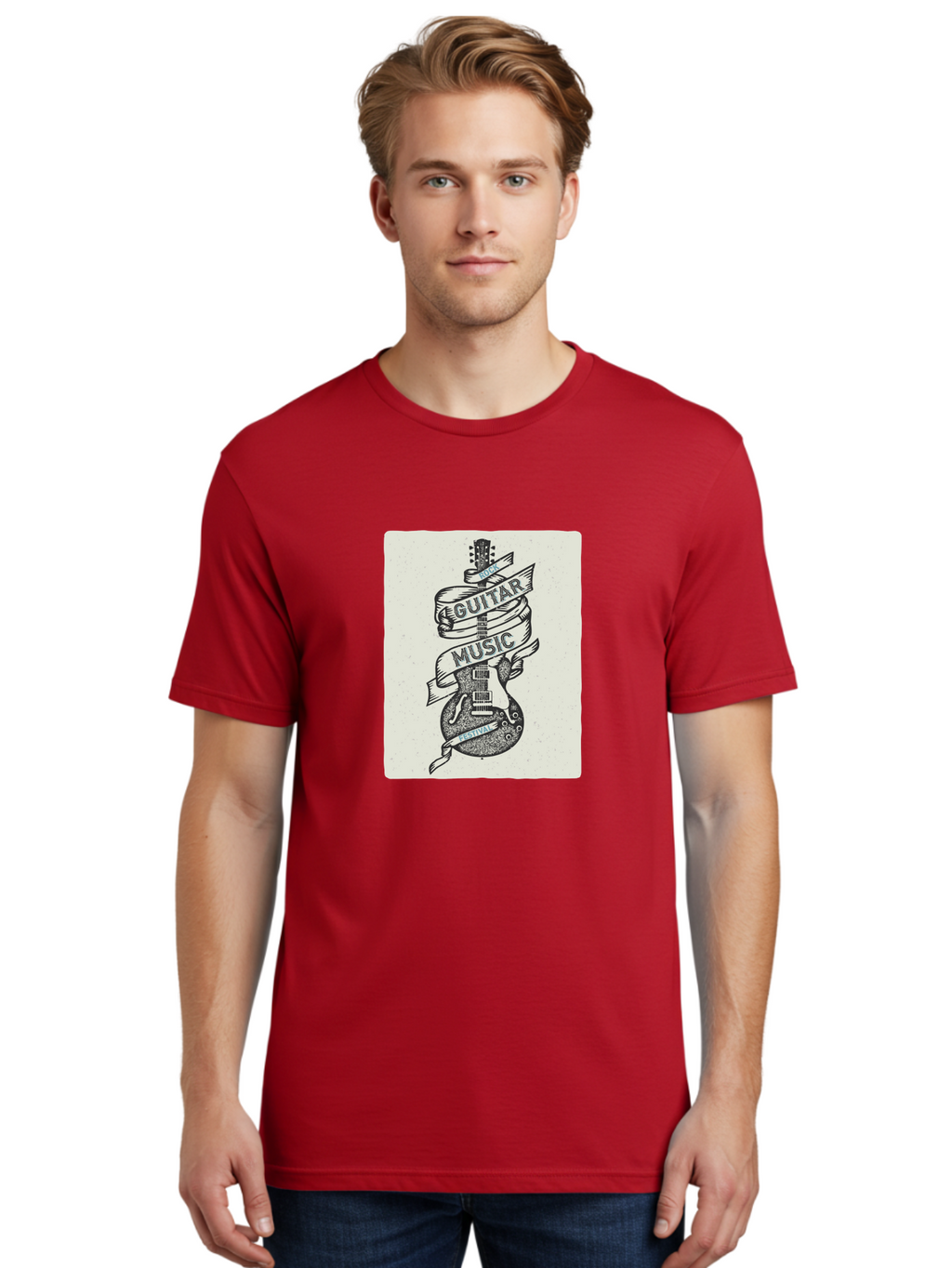 Guitar-Music-Festival Men'S Graphic Tee, 100% Cotton, Comfortable Casual Summer Wear, Machine Washable, Guitar Music Festival, Electric Guitar, Rock Music, Hand-Drawn Illustration, Festival Banner, Music Event, Guitar Art Aac437
