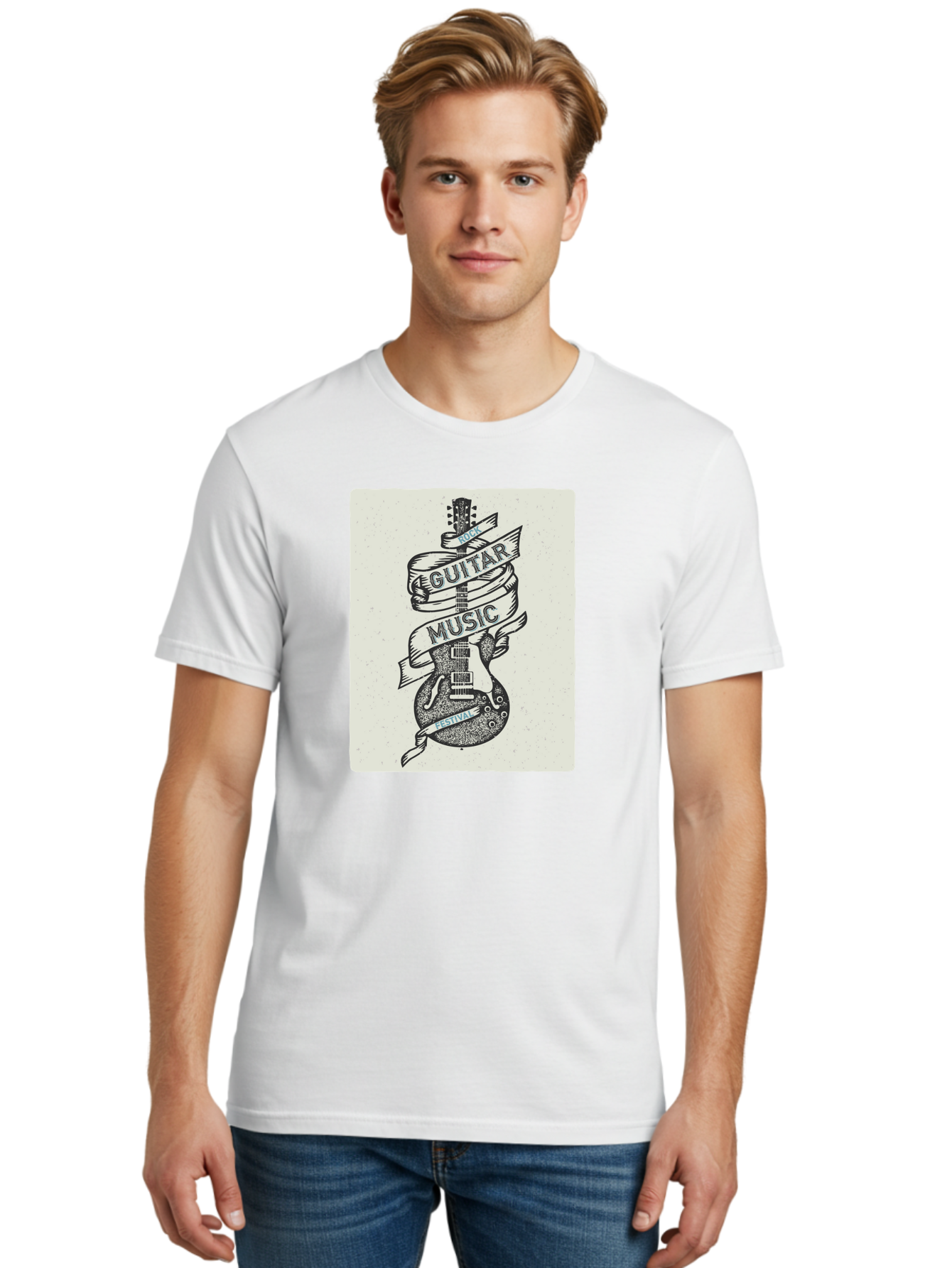 Guitar-Music-Festival Men'S Graphic Tee, 100% Cotton, Comfortable Casual Summer Wear, Machine Washable, Guitar Music Festival, Electric Guitar, Rock Music, Hand-Drawn Illustration, Festival Banner, Music Event, Guitar Art Aac437