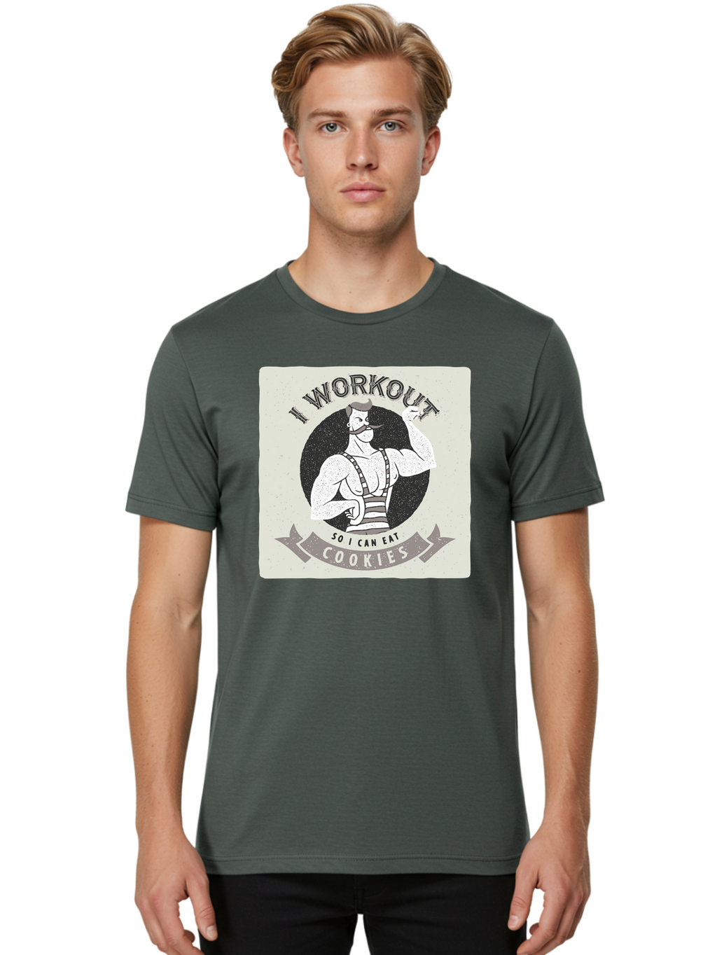 I-Workout-So-I-Can-Eat-Cookies Men'S Graphic Tee, 100% Cotton, Comfortable Casual Summer Wear, Machine Washable, Vintage Fitness Illustration, Muscular Man With Handlebar Mustache, Comic Style Graphic, Humorous Workout Quote, Flexing Muscles, Aac438