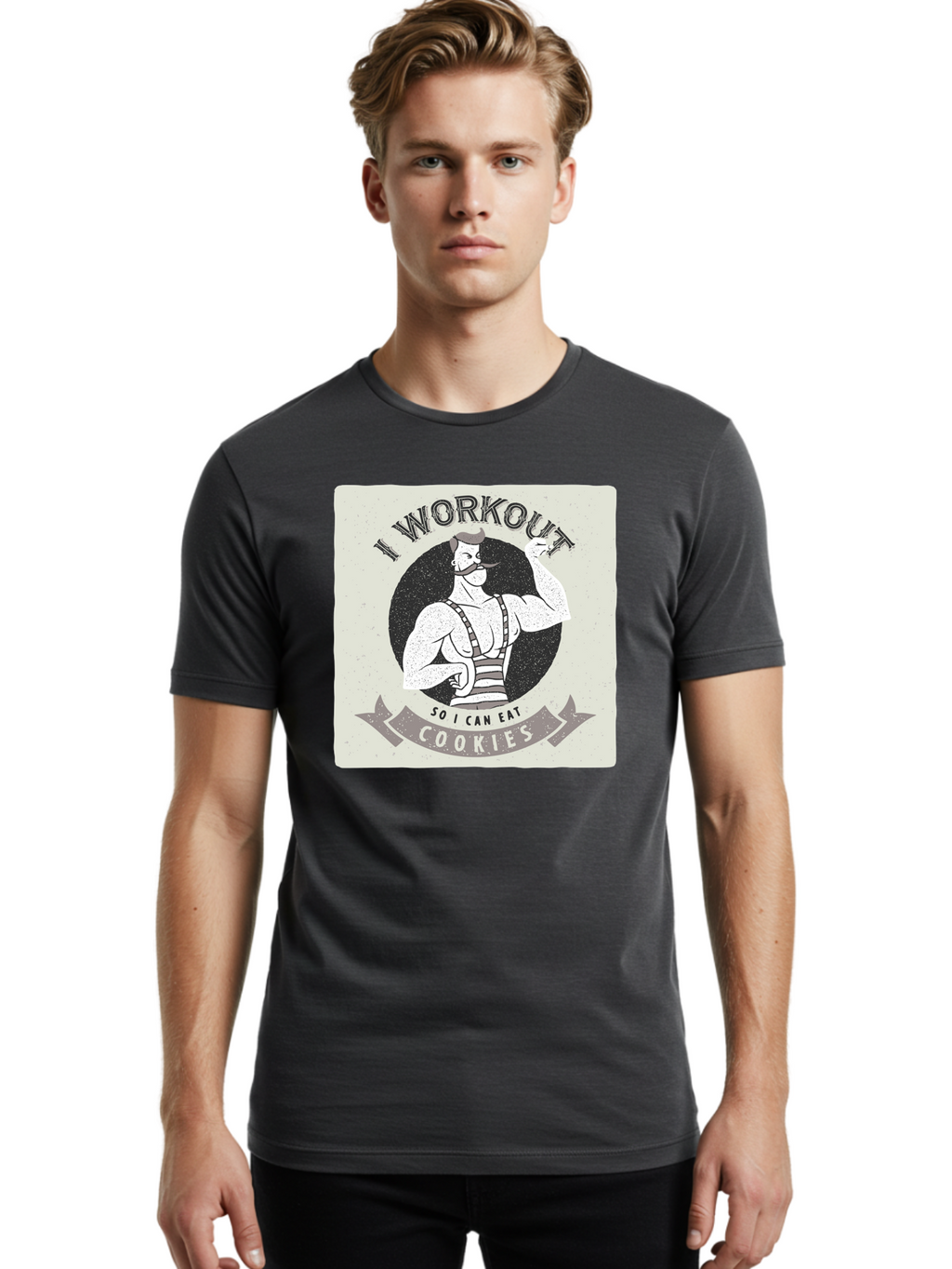 I-Workout-So-I-Can-Eat-Cookies Men'S Graphic Tee, 100% Cotton, Comfortable Casual Summer Wear, Machine Washable, Vintage Fitness Illustration, Muscular Man With Handlebar Mustache, Comic Style Graphic, Humorous Workout Quote, Flexing Muscles, Aac438
