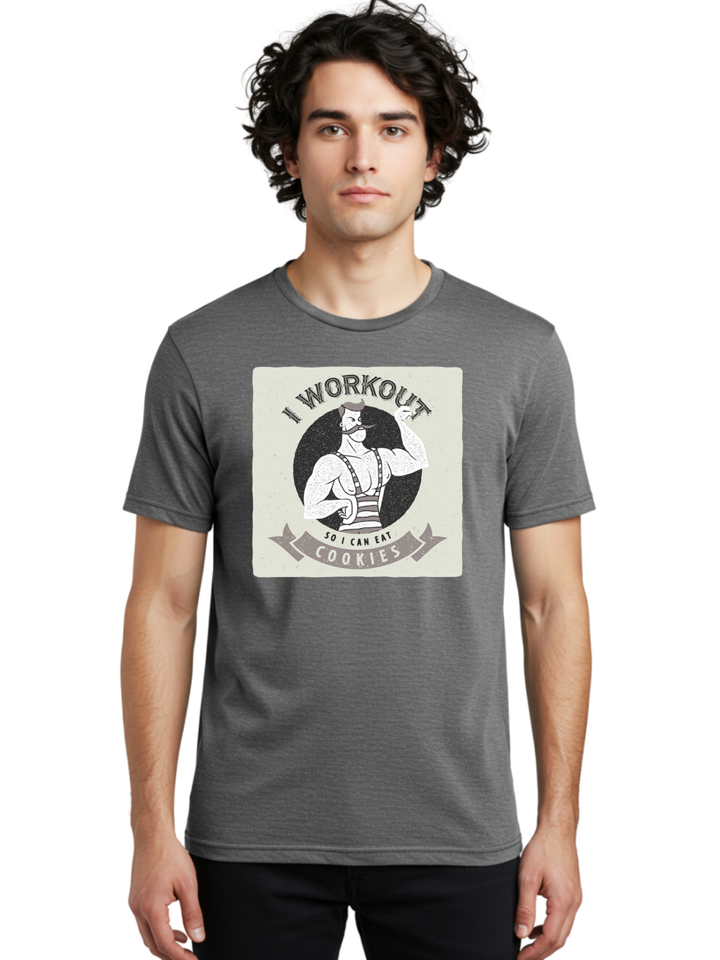 I-Workout-So-I-Can-Eat-Cookies Men'S Graphic Tee, 100% Cotton, Comfortable Casual Summer Wear, Machine Washable, Vintage Fitness Illustration, Muscular Man With Handlebar Mustache, Comic Style Graphic, Humorous Workout Quote, Flexing Muscles, Aac438
