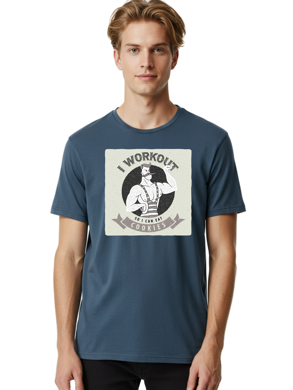 I-Workout-So-I-Can-Eat-Cookies Men'S Graphic Tee, 100% Cotton, Comfortable Casual Summer Wear, Machine Washable, Vintage Fitness Illustration, Muscular Man With Handlebar Mustache, Comic Style Graphic, Humorous Workout Quote, Flexing Muscles, Aac438