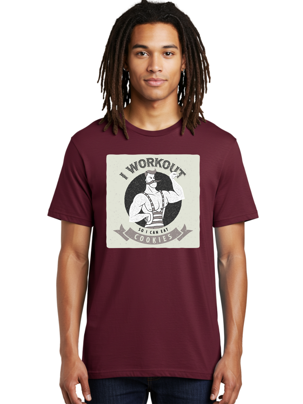 I-Workout-So-I-Can-Eat-Cookies Men'S Graphic Tee, 100% Cotton, Comfortable Casual Summer Wear, Machine Washable, Vintage Fitness Illustration, Muscular Man With Handlebar Mustache, Comic Style Graphic, Humorous Workout Quote, Flexing Muscles, Aac438