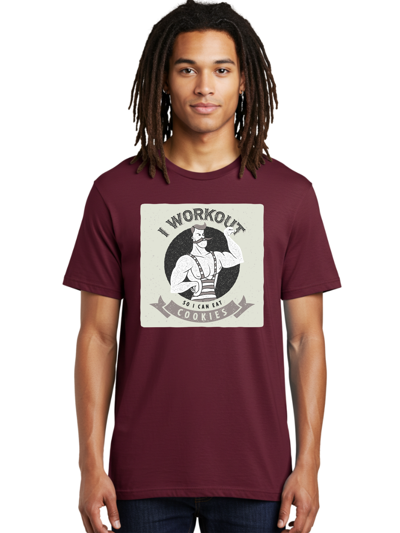 I-Workout-So-I-Can-Eat-Cookies Men'S Graphic Tee, 100% Cotton, Comfortable Casual Summer Wear, Machine Washable, Vintage Fitness Illustration, Muscular Man With Handlebar Mustache, Comic Style Graphic, Humorous Workout Quote, Flexing Muscles, Aac438