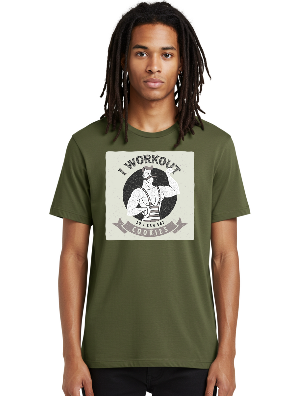 I-Workout-So-I-Can-Eat-Cookies Men'S Graphic Tee, 100% Cotton, Comfortable Casual Summer Wear, Machine Washable, Vintage Fitness Illustration, Muscular Man With Handlebar Mustache, Comic Style Graphic, Humorous Workout Quote, Flexing Muscles, Aac438