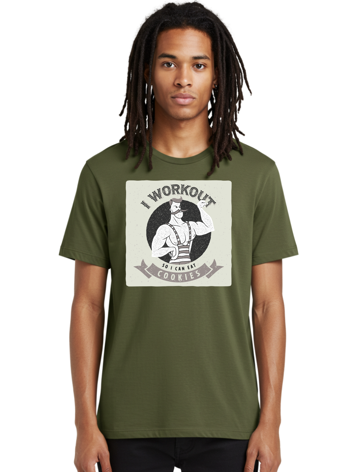 I-Workout-So-I-Can-Eat-Cookies Men'S Graphic Tee, 100% Cotton, Comfortable Casual Summer Wear, Machine Washable, Vintage Fitness Illustration, Muscular Man With Handlebar Mustache, Comic Style Graphic, Humorous Workout Quote, Flexing Muscles, Aac438