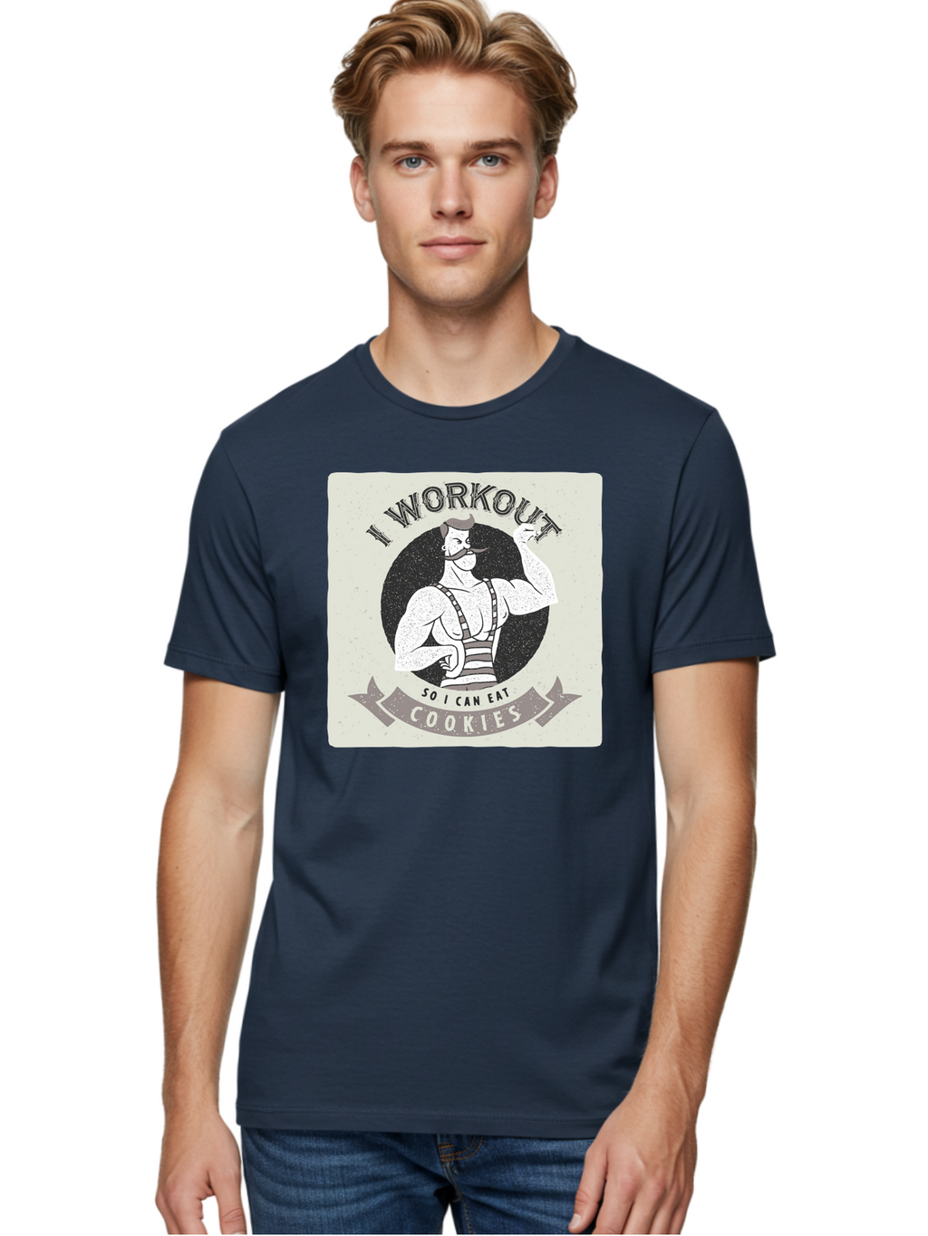 I-Workout-So-I-Can-Eat-Cookies Men'S Graphic Tee, 100% Cotton, Comfortable Casual Summer Wear, Machine Washable, Vintage Fitness Illustration, Muscular Man With Handlebar Mustache, Comic Style Graphic, Humorous Workout Quote, Flexing Muscles, Aac438