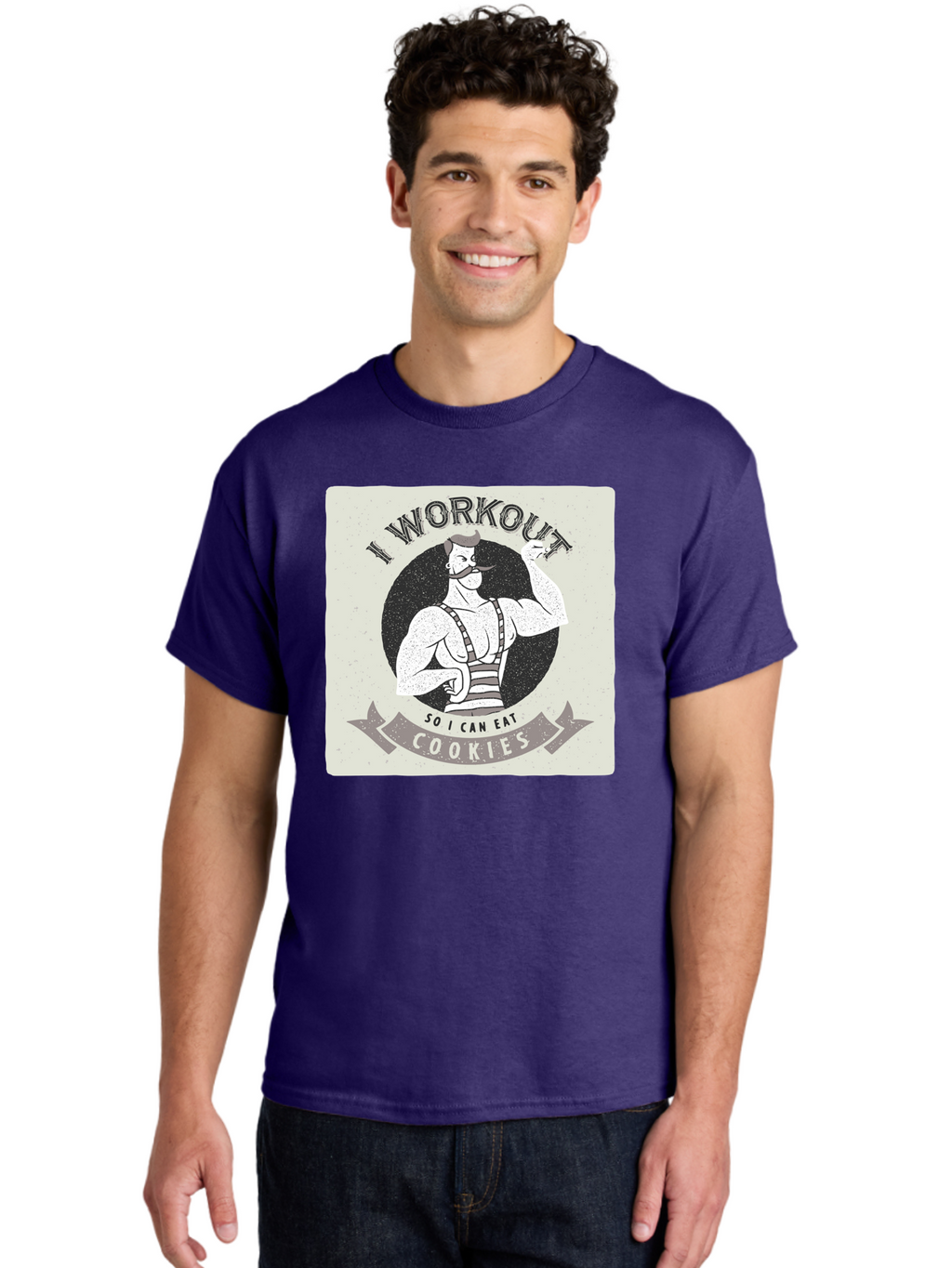 I-Workout-So-I-Can-Eat-Cookies Men'S Graphic Tee, 100% Cotton, Comfortable Casual Summer Wear, Machine Washable, Vintage Fitness Illustration, Muscular Man With Handlebar Mustache, Comic Style Graphic, Humorous Workout Quote, Flexing Muscles, Aac438