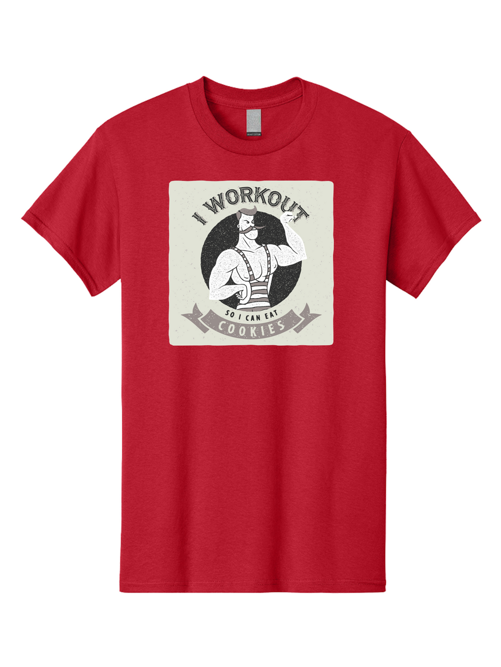 I-Workout-So-I-Can-Eat-Cookies Men'S Graphic Tee, 100% Cotton, Comfortable Casual Summer Wear, Machine Washable, Vintage Fitness Illustration, Muscular Man With Handlebar Mustache, Comic Style Graphic, Humorous Workout Quote, Flexing Muscles, Aac438