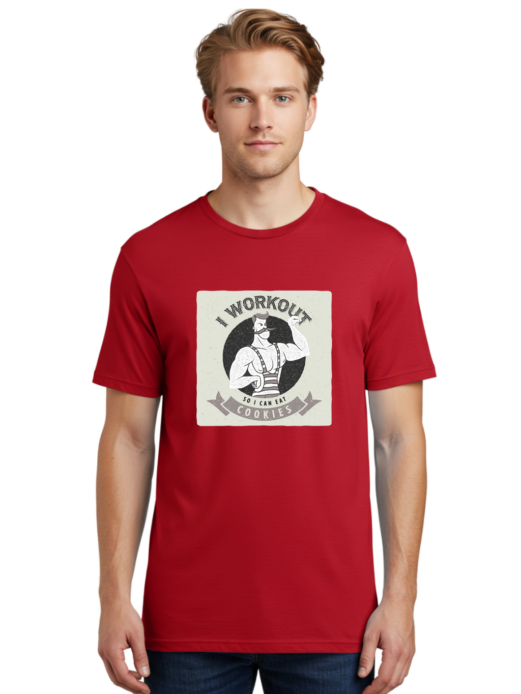 I-Workout-So-I-Can-Eat-Cookies Men'S Graphic Tee, 100% Cotton, Comfortable Casual Summer Wear, Machine Washable, Vintage Fitness Illustration, Muscular Man With Handlebar Mustache, Comic Style Graphic, Humorous Workout Quote, Flexing Muscles, Aac438