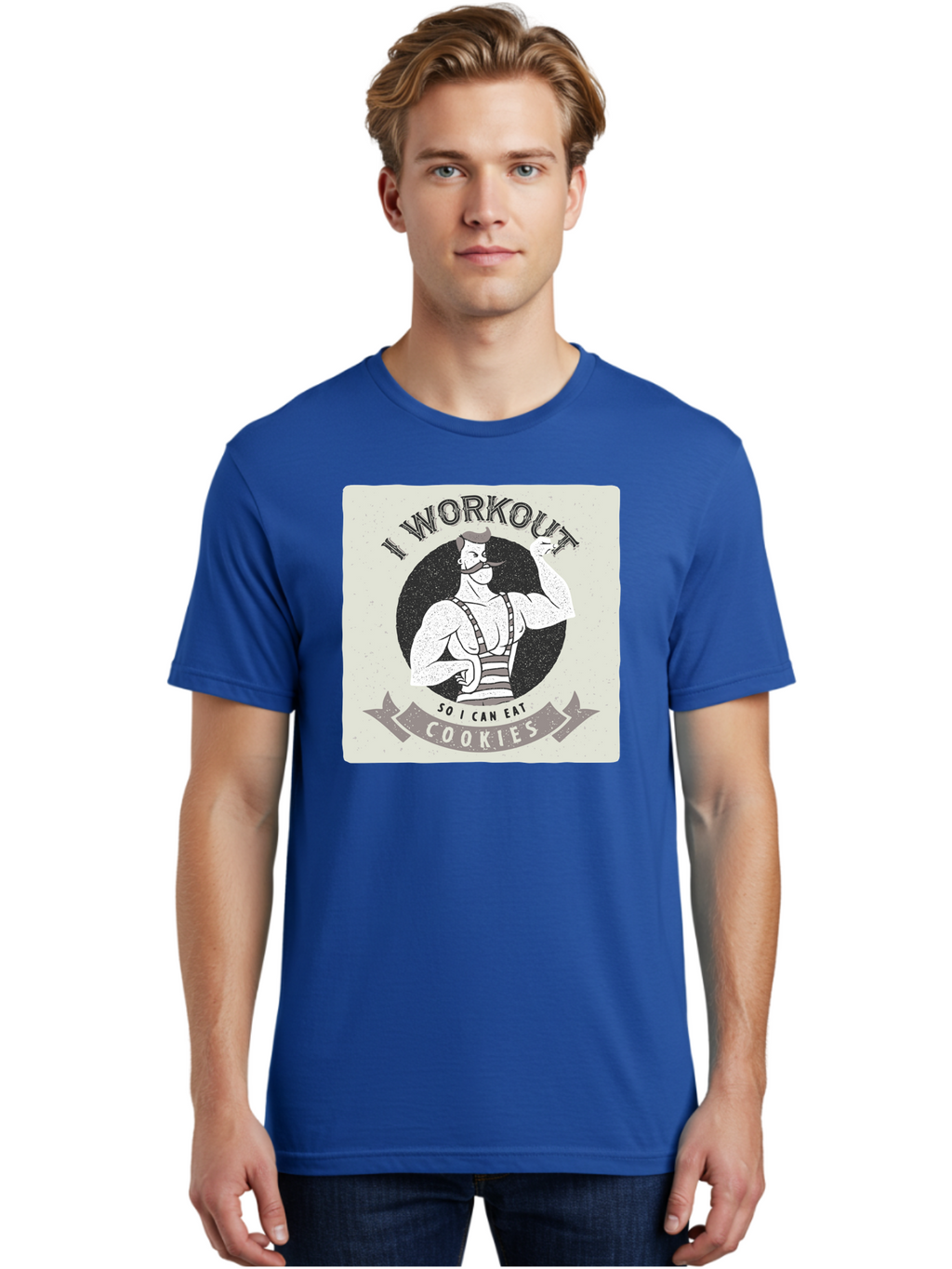 I-Workout-So-I-Can-Eat-Cookies Men'S Graphic Tee, 100% Cotton, Comfortable Casual Summer Wear, Machine Washable, Vintage Fitness Illustration, Muscular Man With Handlebar Mustache, Comic Style Graphic, Humorous Workout Quote, Flexing Muscles, Aac438