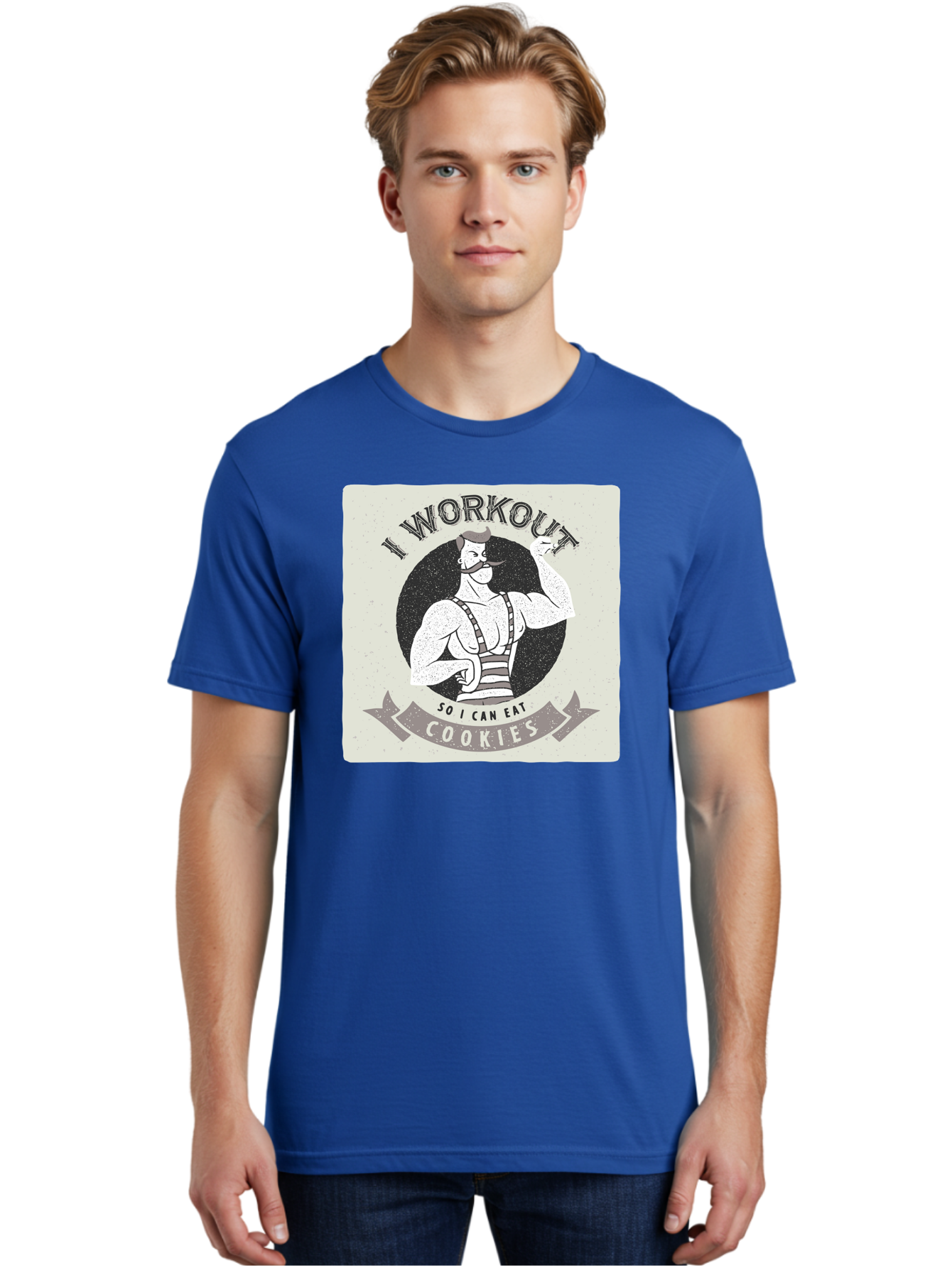 I-Workout-So-I-Can-Eat-Cookies Men'S Graphic Tee, 100% Cotton, Comfortable Casual Summer Wear, Machine Washable, Vintage Fitness Illustration, Muscular Man With Handlebar Mustache, Comic Style Graphic, Humorous Workout Quote, Flexing Muscles, Aac438