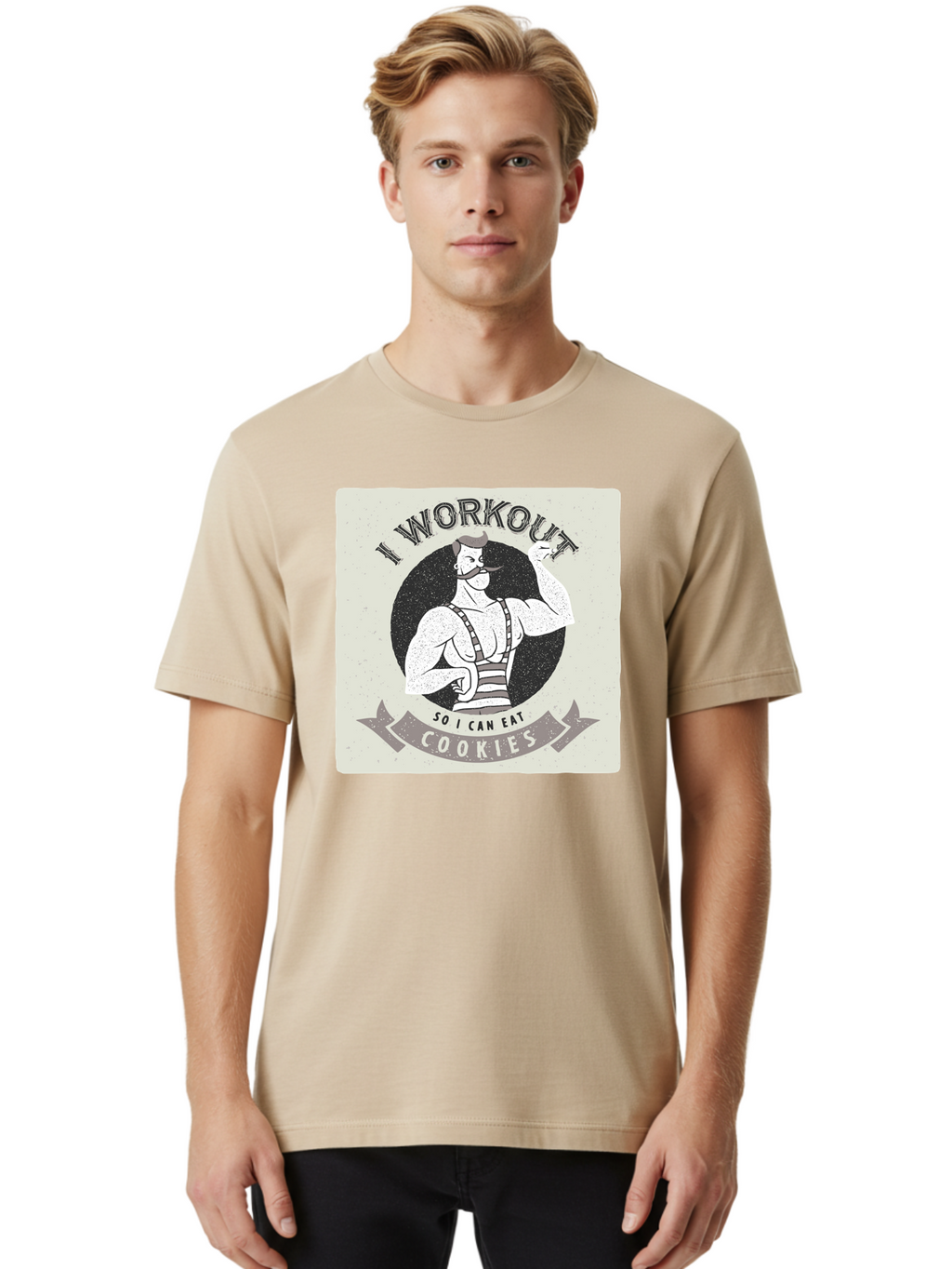 I-Workout-So-I-Can-Eat-Cookies Men'S Graphic Tee, 100% Cotton, Comfortable Casual Summer Wear, Machine Washable, Vintage Fitness Illustration, Muscular Man With Handlebar Mustache, Comic Style Graphic, Humorous Workout Quote, Flexing Muscles, Aac438