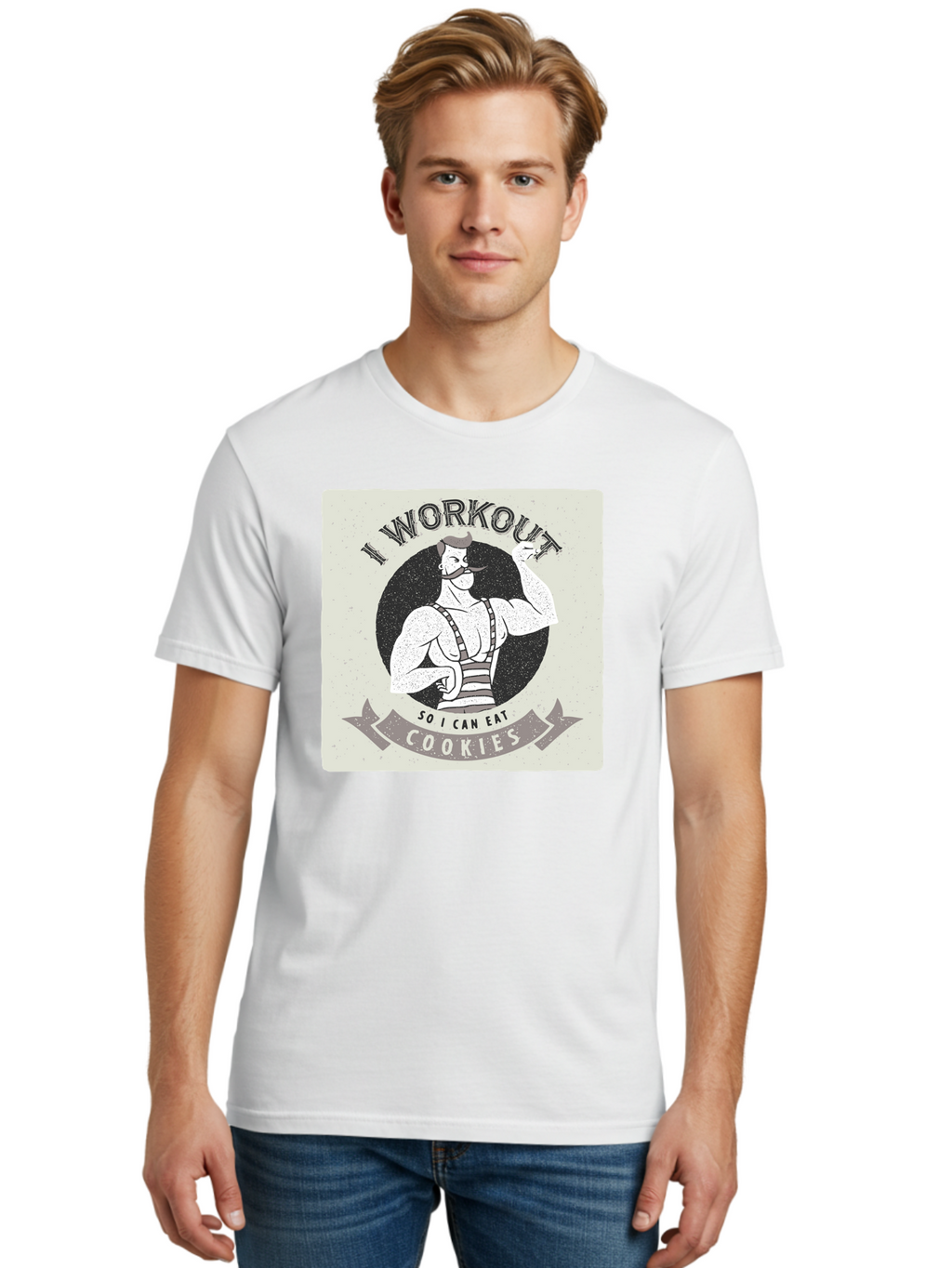 I-Workout-So-I-Can-Eat-Cookies Men'S Graphic Tee, 100% Cotton, Comfortable Casual Summer Wear, Machine Washable, Vintage Fitness Illustration, Muscular Man With Handlebar Mustache, Comic Style Graphic, Humorous Workout Quote, Flexing Muscles, Aac438