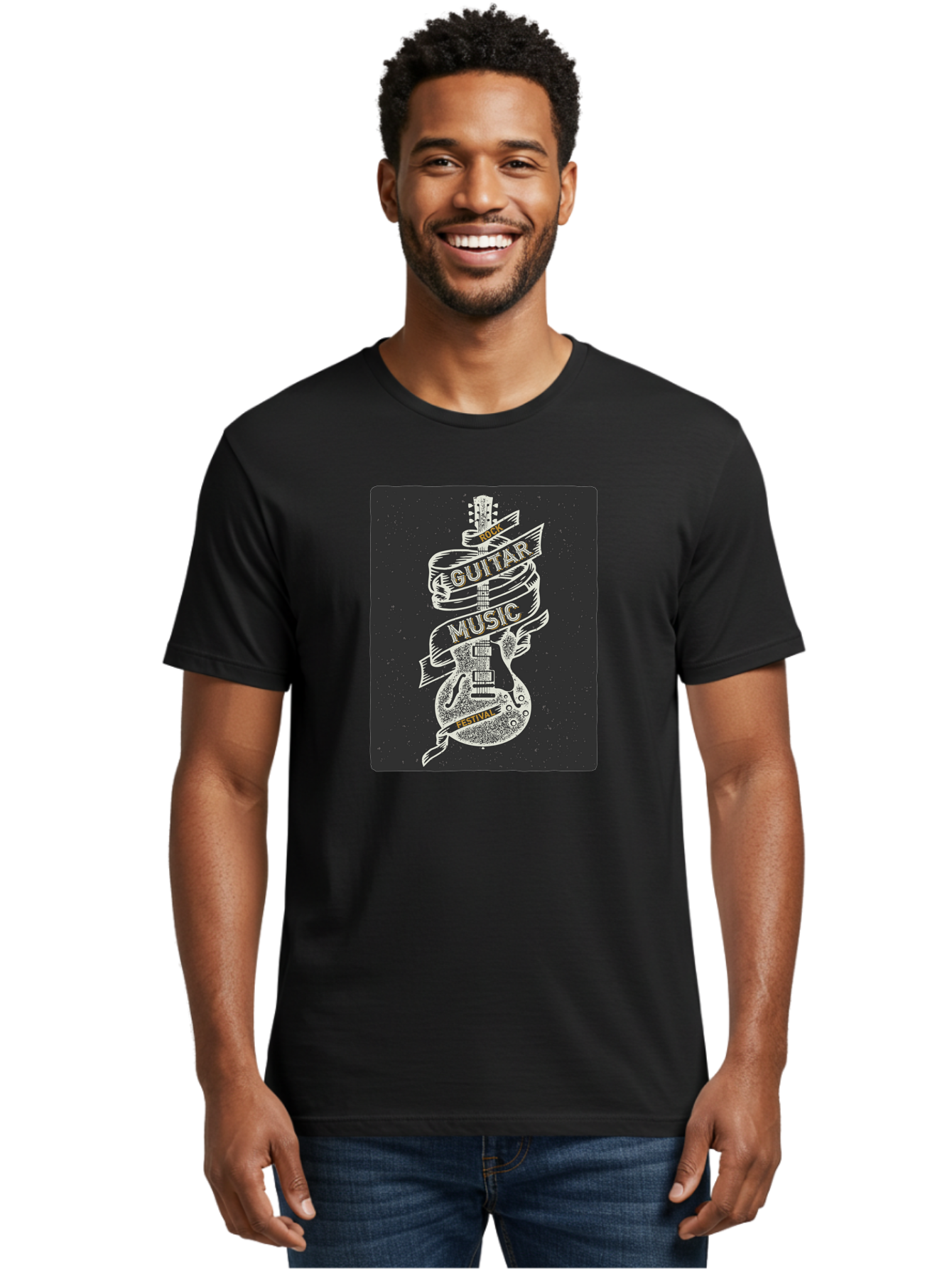 Rock-Guitar-Music-Festival Men'S Graphic Tee, 100% Cotton, Comfortable Casual Summer Wear, Machine Washable, Rock Guitar, Music Festival, Guitar Illustration, Festival Banner, Music Event, Rock Concert, Guitar Art, Festival Graphics, Aac439