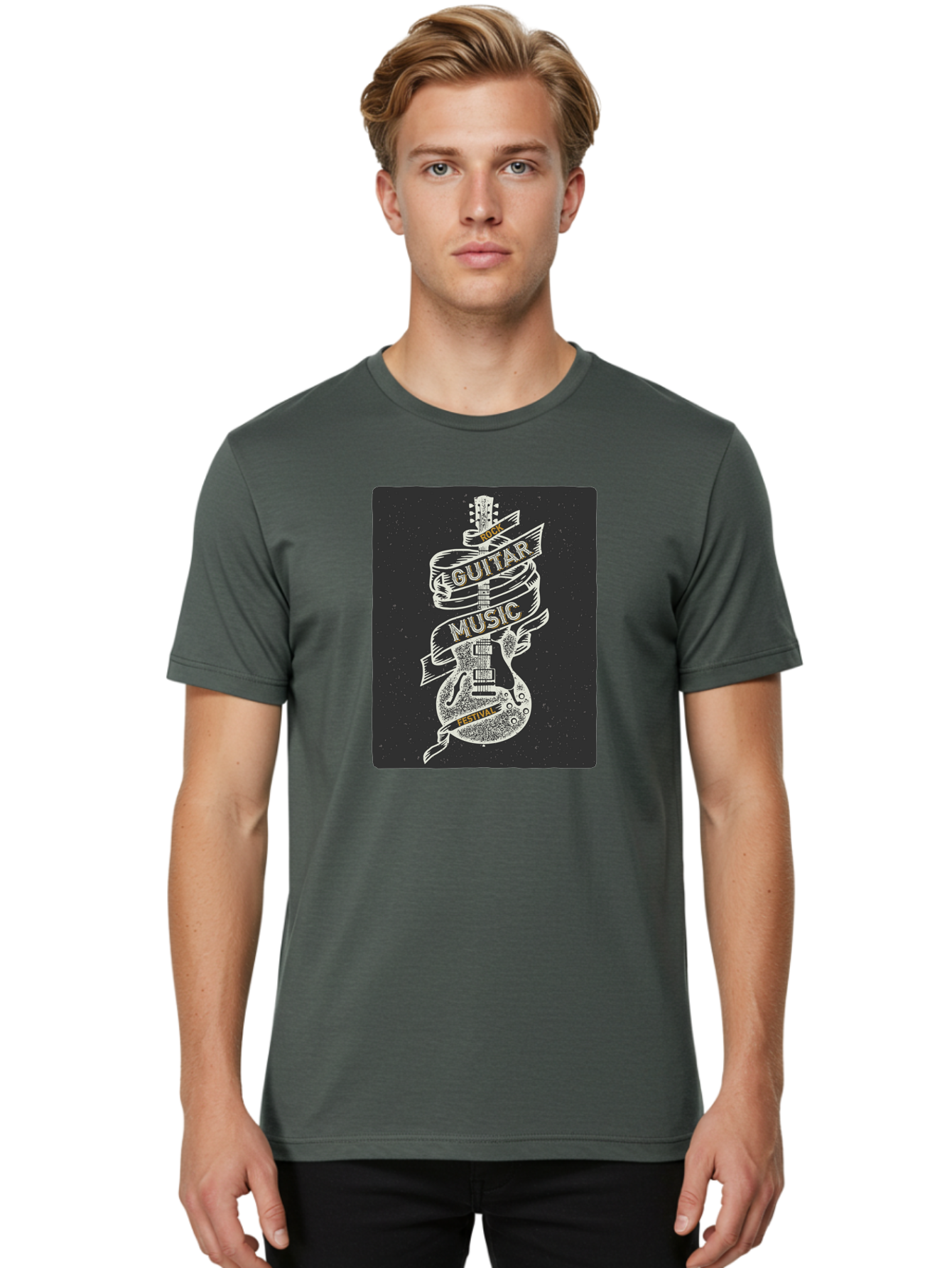 Rock-Guitar-Music-Festival Men'S Graphic Tee, 100% Cotton, Comfortable Casual Summer Wear, Machine Washable, Rock Guitar, Music Festival, Guitar Illustration, Festival Banner, Music Event, Rock Concert, Guitar Art, Festival Graphics, Aac439