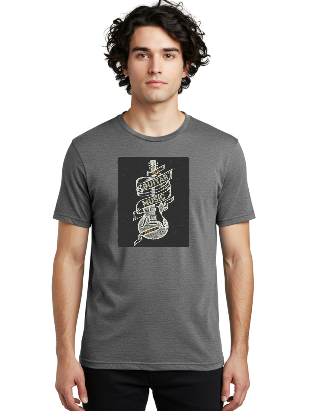 Rock-Guitar-Music-Festival Men'S Graphic Tee, 100% Cotton, Comfortable Casual Summer Wear, Machine Washable, Rock Guitar, Music Festival, Guitar Illustration, Festival Banner, Music Event, Rock Concert, Guitar Art, Festival Graphics, Aac439