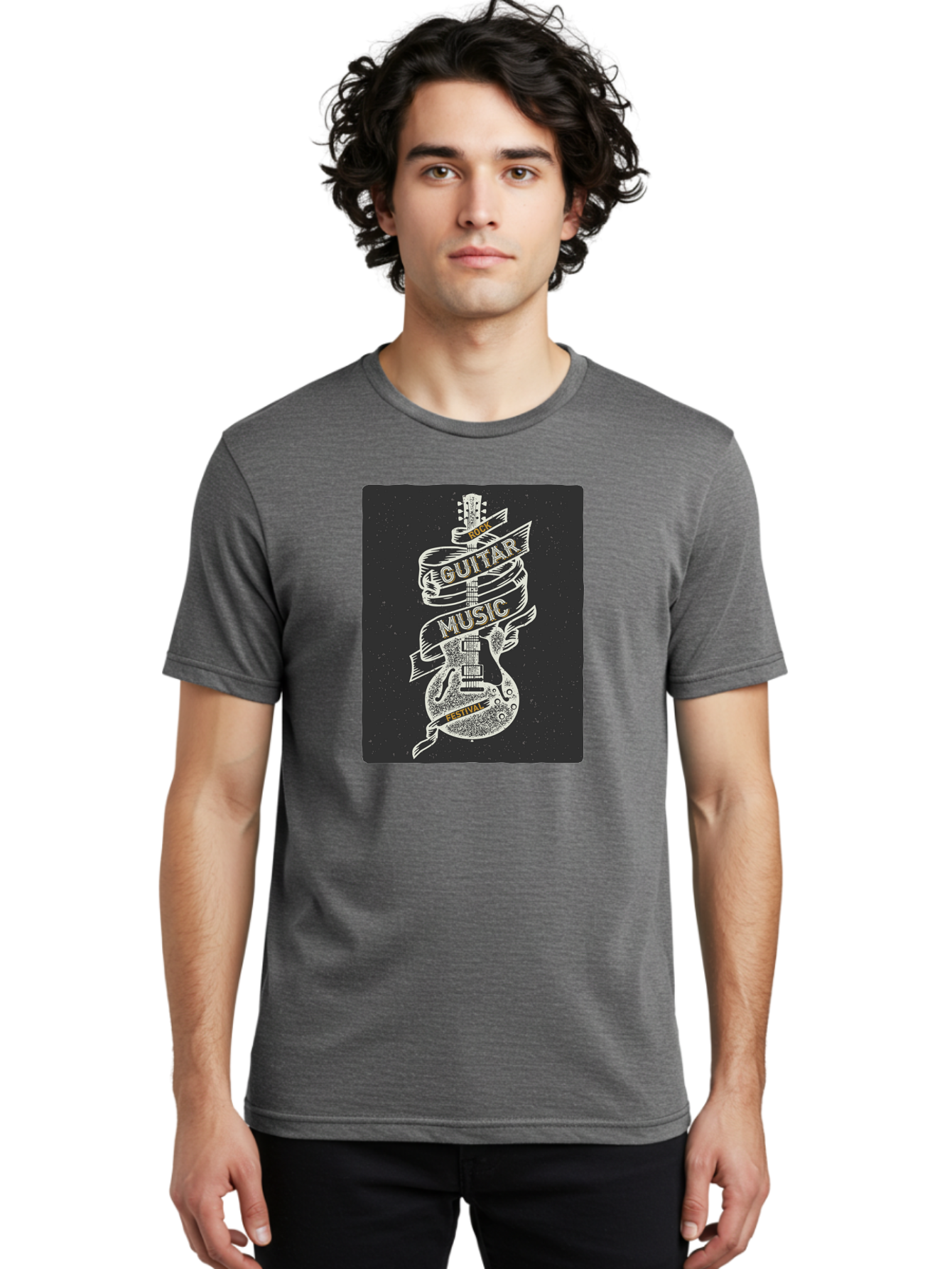 Rock-Guitar-Music-Festival Men'S Graphic Tee, 100% Cotton, Comfortable Casual Summer Wear, Machine Washable, Rock Guitar, Music Festival, Guitar Illustration, Festival Banner, Music Event, Rock Concert, Guitar Art, Festival Graphics, Aac439