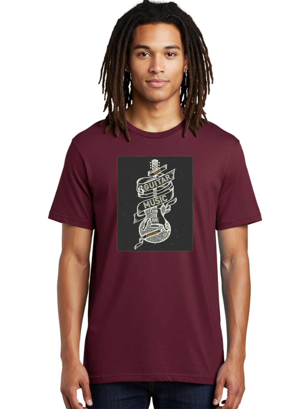Rock-Guitar-Music-Festival Men'S Graphic Tee, 100% Cotton, Comfortable Casual Summer Wear, Machine Washable, Rock Guitar, Music Festival, Guitar Illustration, Festival Banner, Music Event, Rock Concert, Guitar Art, Festival Graphics, Aac439
