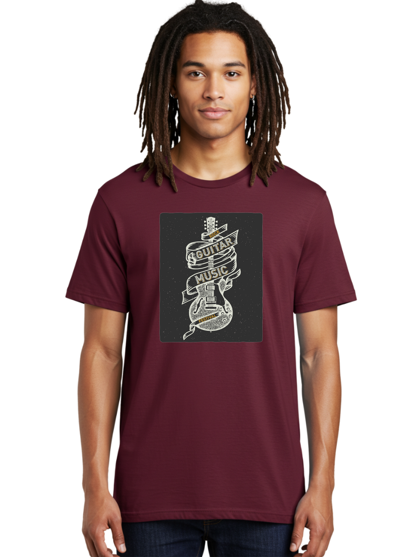 Rock-Guitar-Music-Festival Men'S Graphic Tee, 100% Cotton, Comfortable Casual Summer Wear, Machine Washable, Rock Guitar, Music Festival, Guitar Illustration, Festival Banner, Music Event, Rock Concert, Guitar Art, Festival Graphics, Aac439