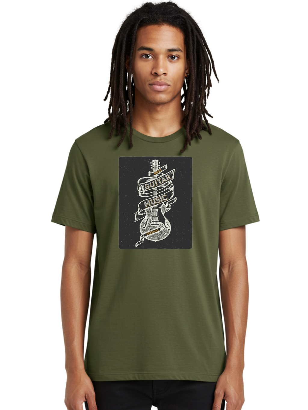 Rock-Guitar-Music-Festival Men'S Graphic Tee, 100% Cotton, Comfortable Casual Summer Wear, Machine Washable, Rock Guitar, Music Festival, Guitar Illustration, Festival Banner, Music Event, Rock Concert, Guitar Art, Festival Graphics, Aac439