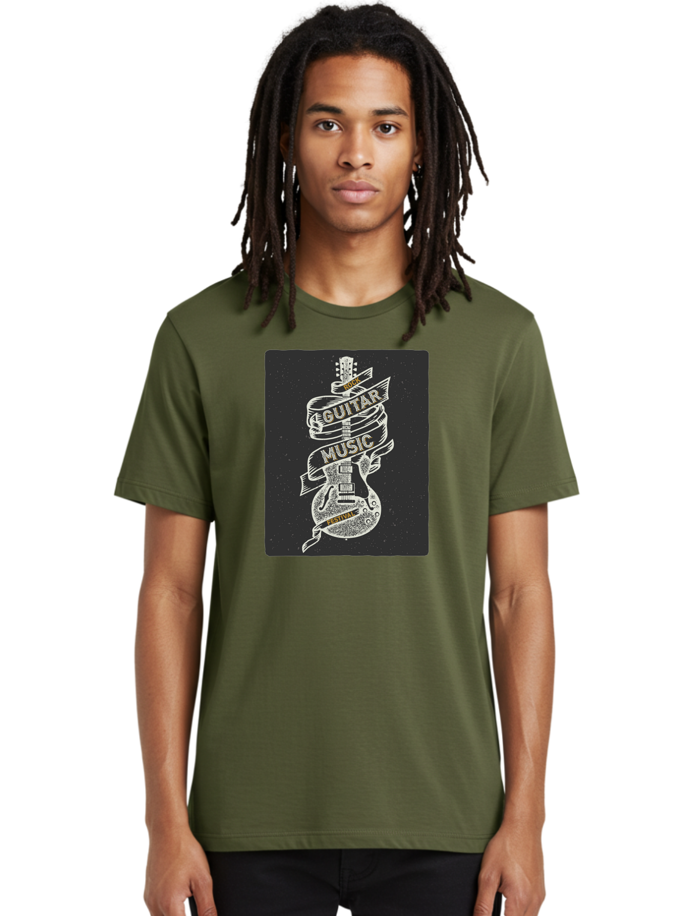 Rock-Guitar-Music-Festival Men'S Graphic Tee, 100% Cotton, Comfortable Casual Summer Wear, Machine Washable, Rock Guitar, Music Festival, Guitar Illustration, Festival Banner, Music Event, Rock Concert, Guitar Art, Festival Graphics, Aac439