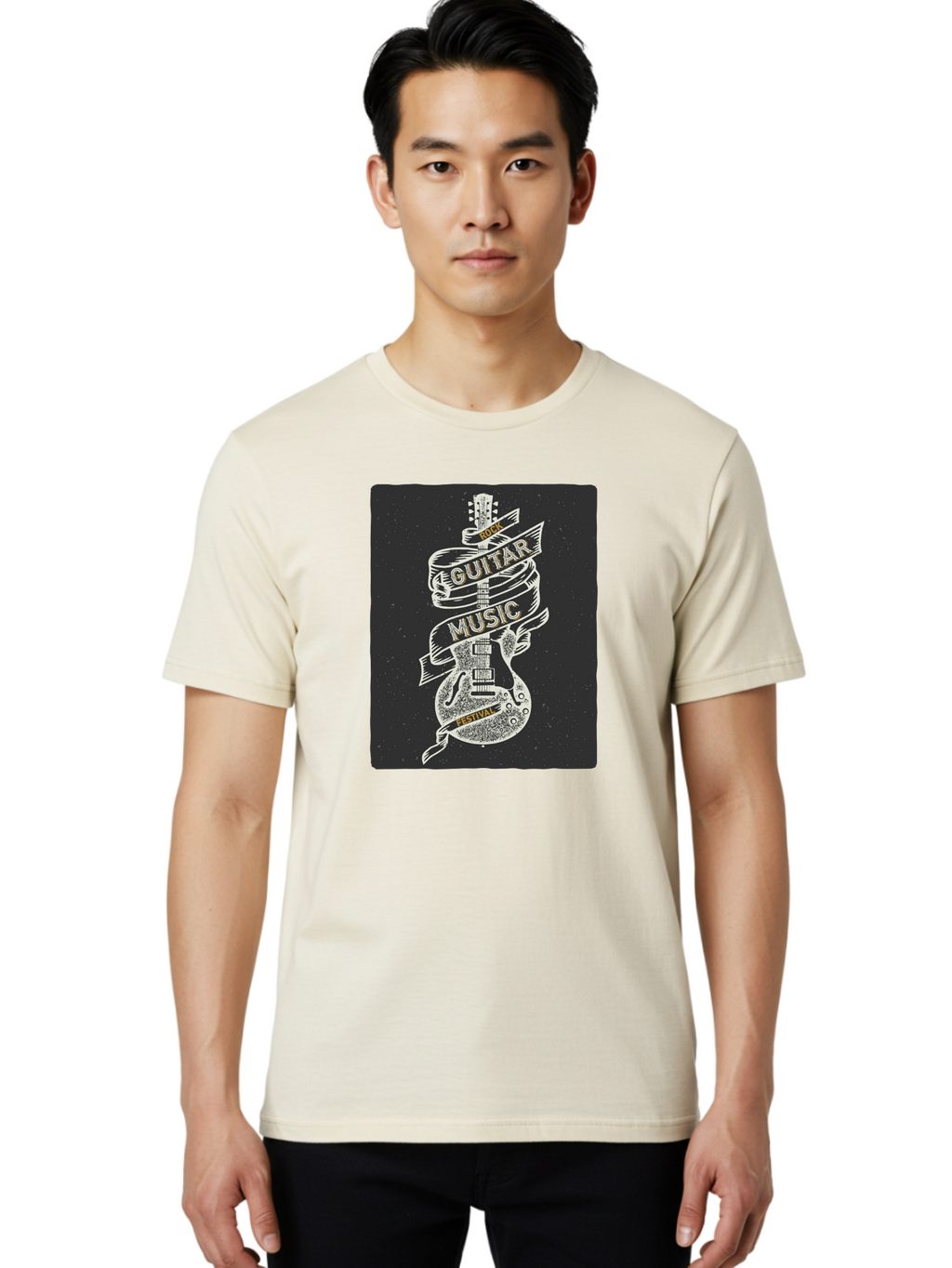 Rock-Guitar-Music-Festival Men'S Graphic Tee, 100% Cotton, Comfortable Casual Summer Wear, Machine Washable, Rock Guitar, Music Festival, Guitar Illustration, Festival Banner, Music Event, Rock Concert, Guitar Art, Festival Graphics, Aac439