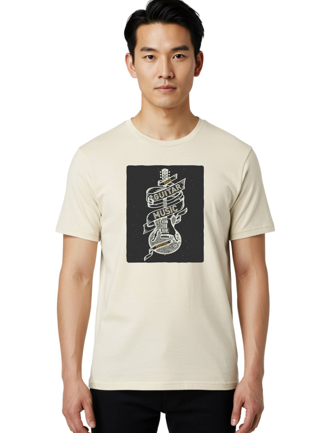 Rock-Guitar-Music-Festival Men'S Graphic Tee, 100% Cotton, Comfortable Casual Summer Wear, Machine Washable, Rock Guitar, Music Festival, Guitar Illustration, Festival Banner, Music Event, Rock Concert, Guitar Art, Festival Graphics, Aac439