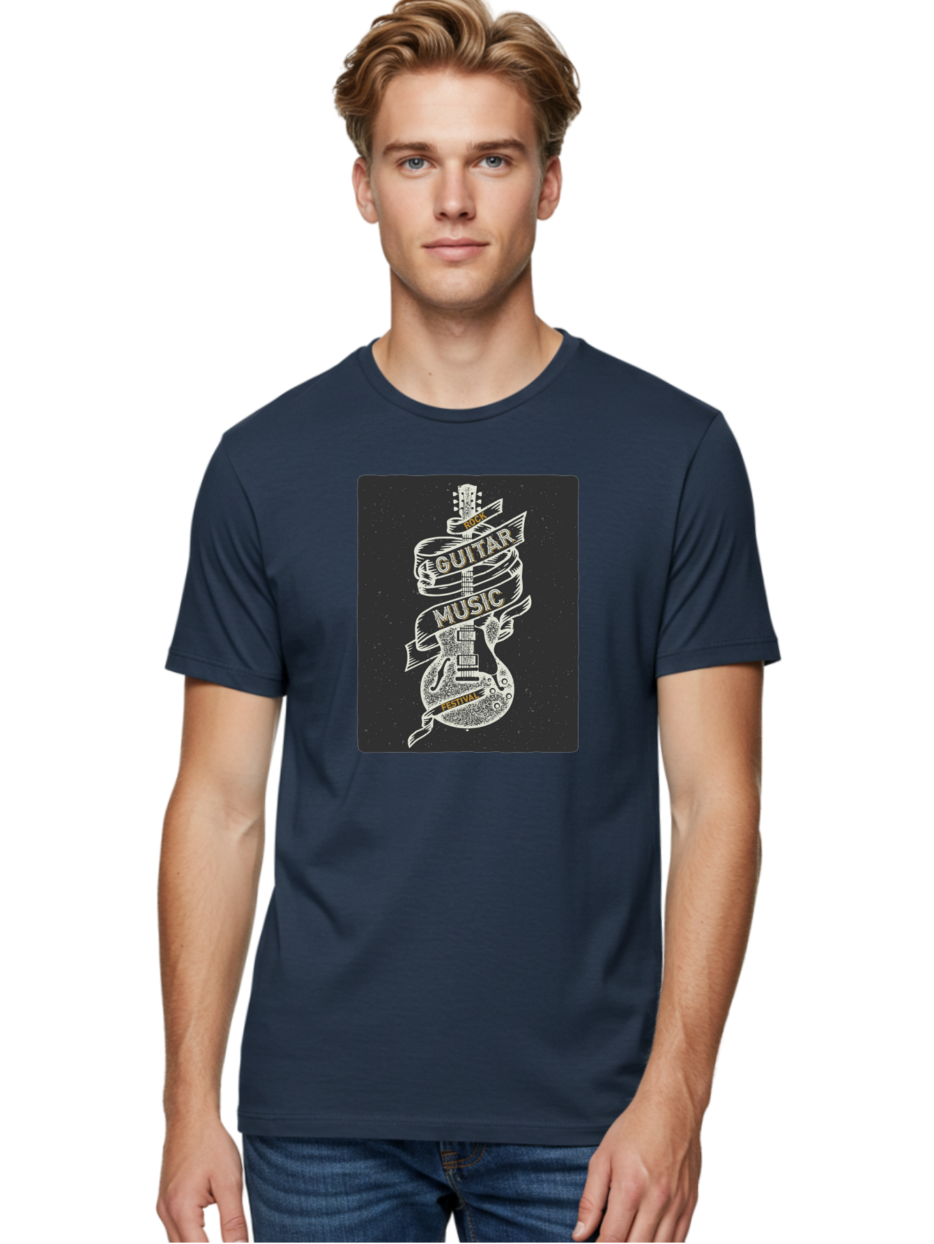 Rock-Guitar-Music-Festival Men'S Graphic Tee, 100% Cotton, Comfortable Casual Summer Wear, Machine Washable, Rock Guitar, Music Festival, Guitar Illustration, Festival Banner, Music Event, Rock Concert, Guitar Art, Festival Graphics, Aac439