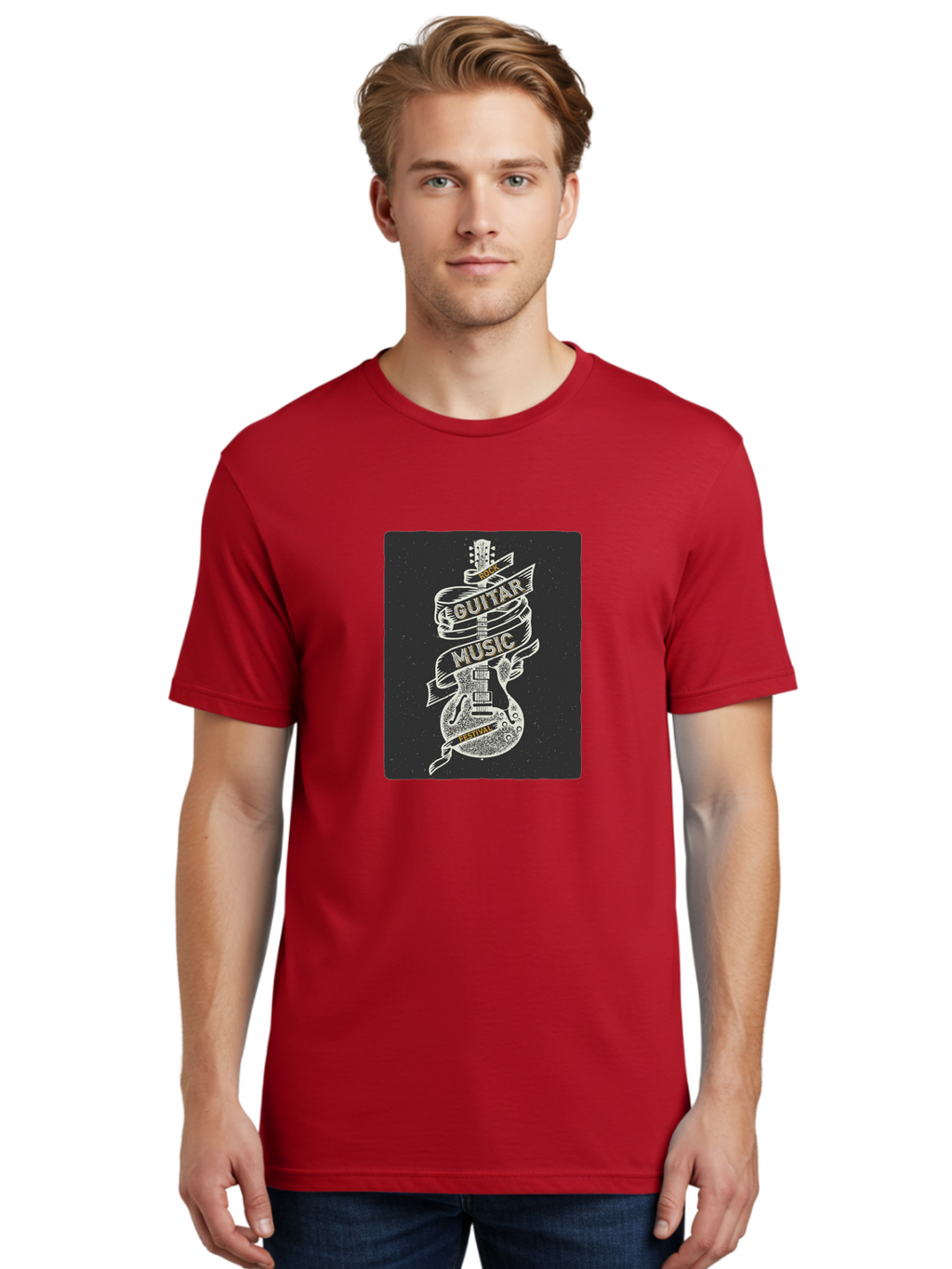 Rock-Guitar-Music-Festival Men'S Graphic Tee, 100% Cotton, Comfortable Casual Summer Wear, Machine Washable, Rock Guitar, Music Festival, Guitar Illustration, Festival Banner, Music Event, Rock Concert, Guitar Art, Festival Graphics, Aac439