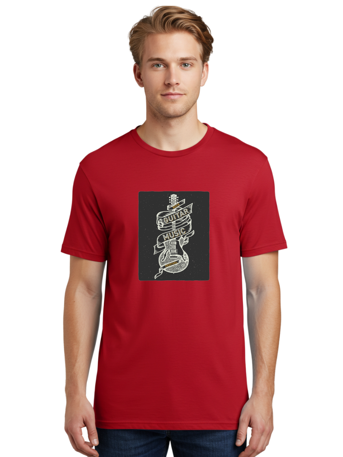 Rock-Guitar-Music-Festival Men'S Graphic Tee, 100% Cotton, Comfortable Casual Summer Wear, Machine Washable, Rock Guitar, Music Festival, Guitar Illustration, Festival Banner, Music Event, Rock Concert, Guitar Art, Festival Graphics, Aac439